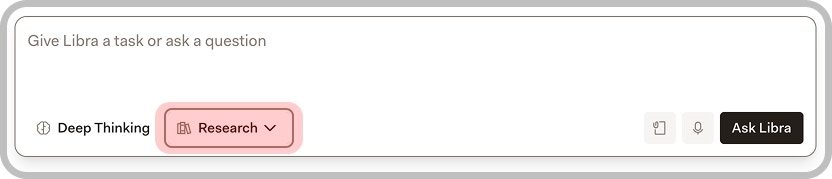 Chat input area with Research button highlighted