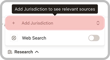 Research Mode configuration showing jurisdiction selection