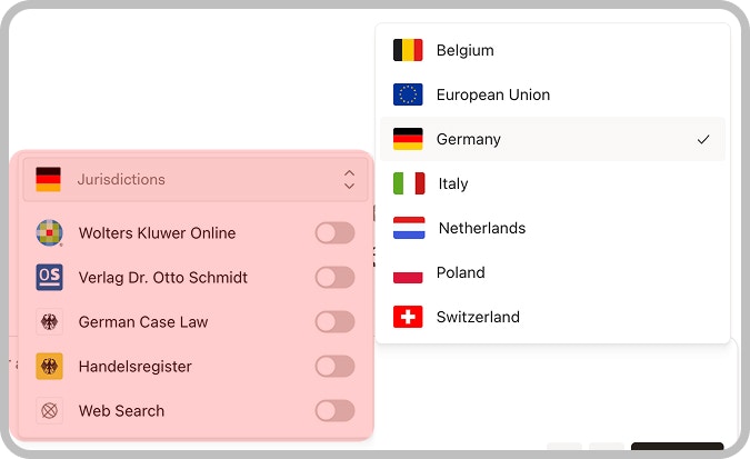 Research modules with toggle buttons for active jurisdictions