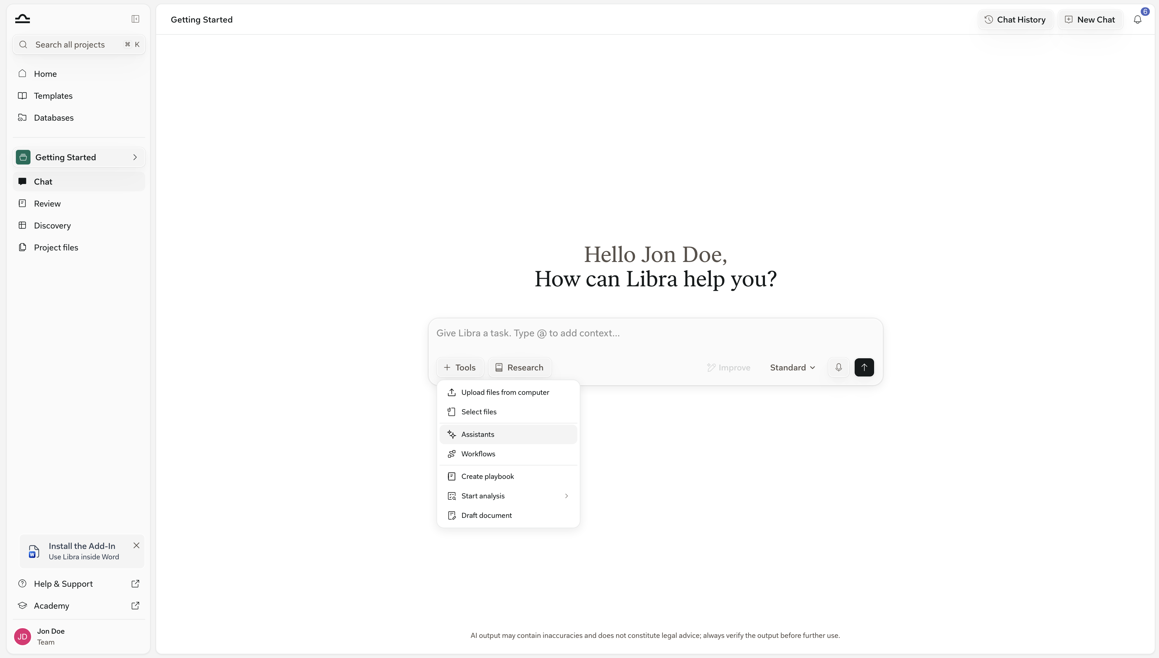 Tools menu open in a Libra chat with the Assistants entry highlighted