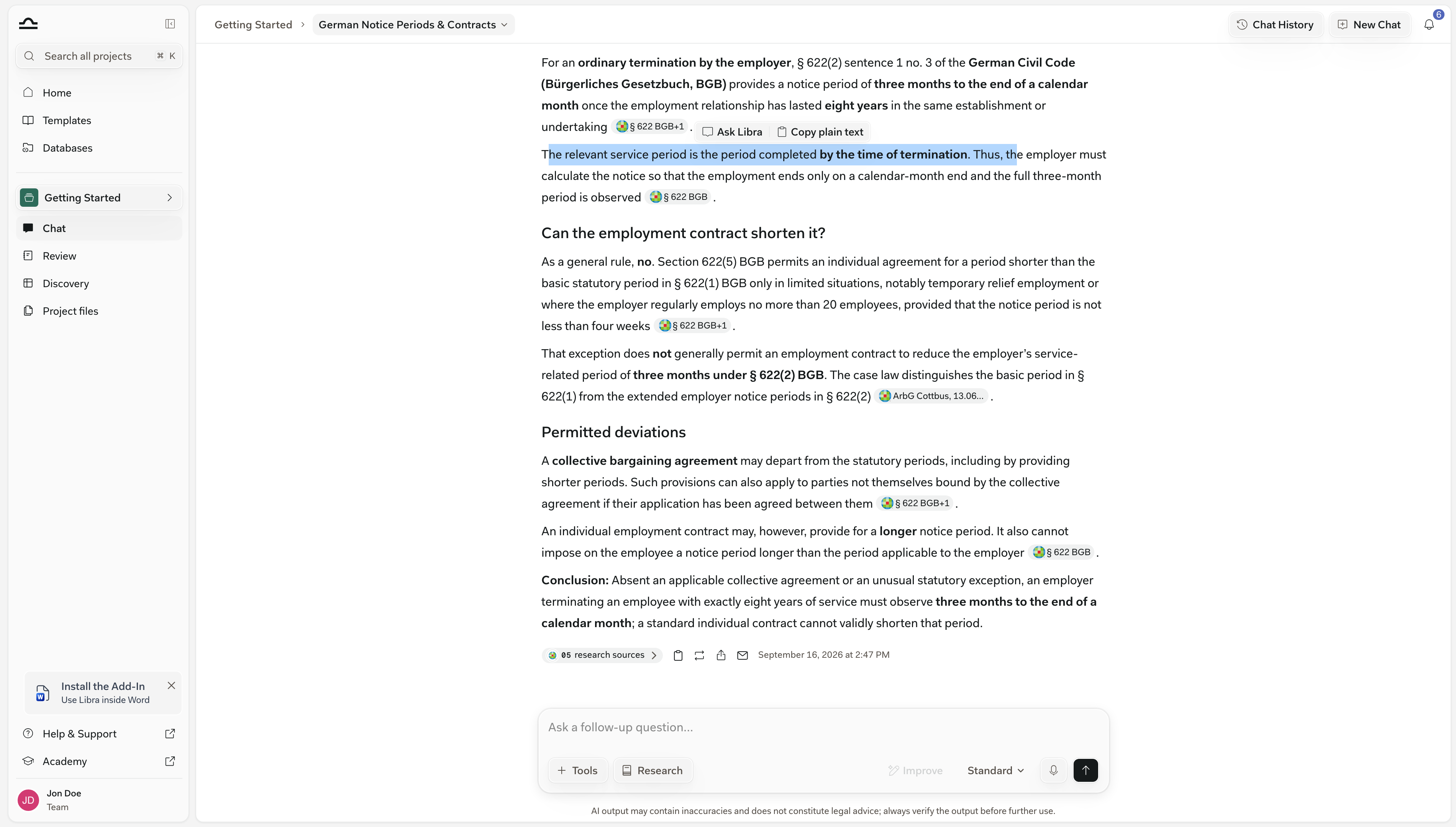 Markierter Antworttext mit einer kleinen Symbolleiste mit Libra fragen und Als Klartext kopieren