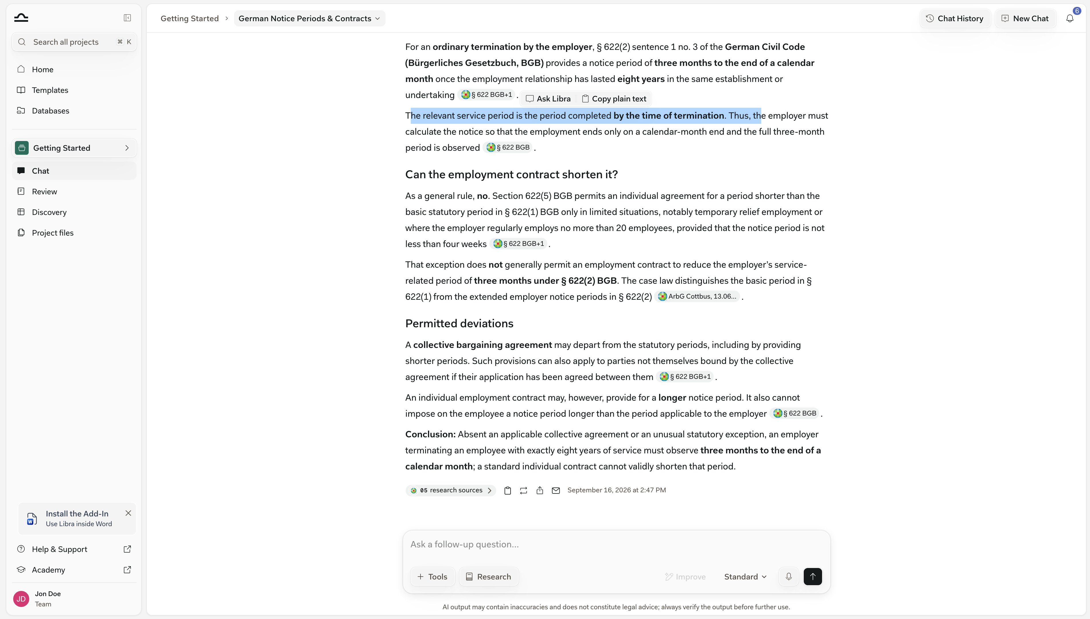 Markierter Antworttext mit einer kleinen Symbolleiste mit Libra fragen und Als Klartext kopieren