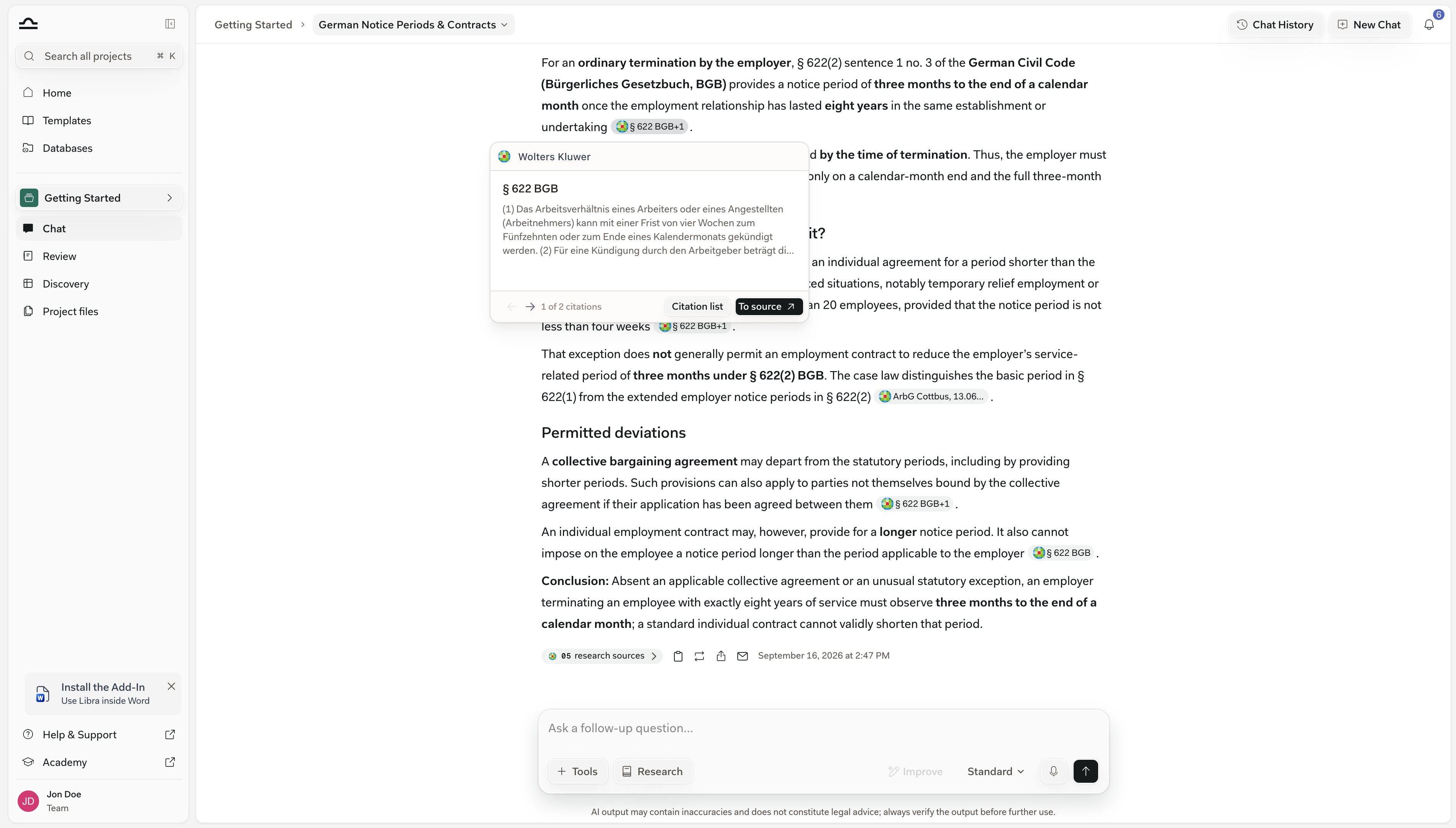 Ein Zitat-Chip beim Überfahren mit der Maus: Der Tooltip nennt die Quelle, zitiert den Ausschnitt zu § 622 BGB, zählt 1 von 2 Zitaten und bietet Zitatliste und Zur Quelle an