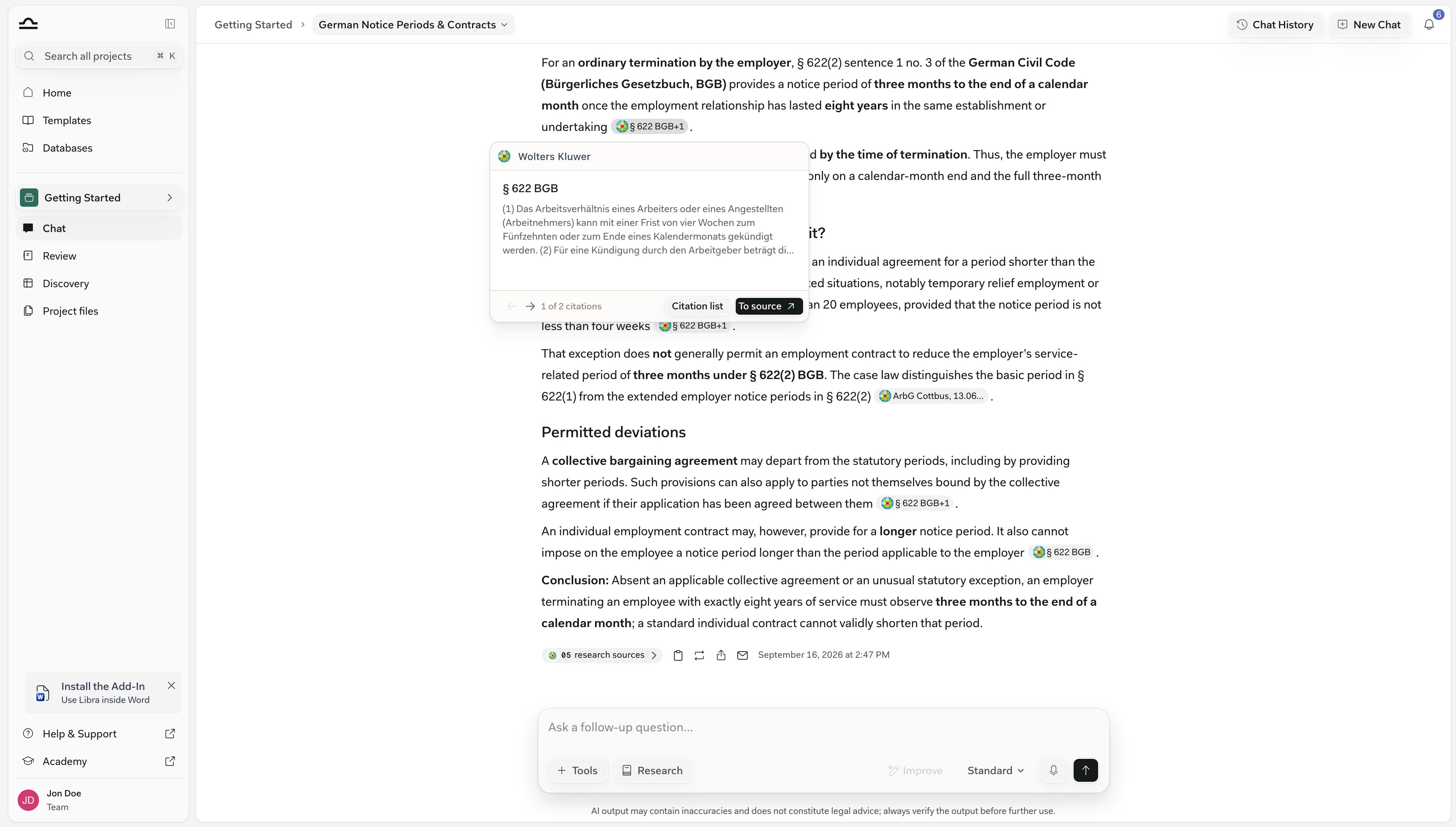 Ein Zitat-Chip beim Überfahren mit der Maus: Der Tooltip nennt die Quelle, zitiert den Ausschnitt zu § 622 BGB, zählt 1 von 2 Zitaten und bietet Zitatliste und Zur Quelle an