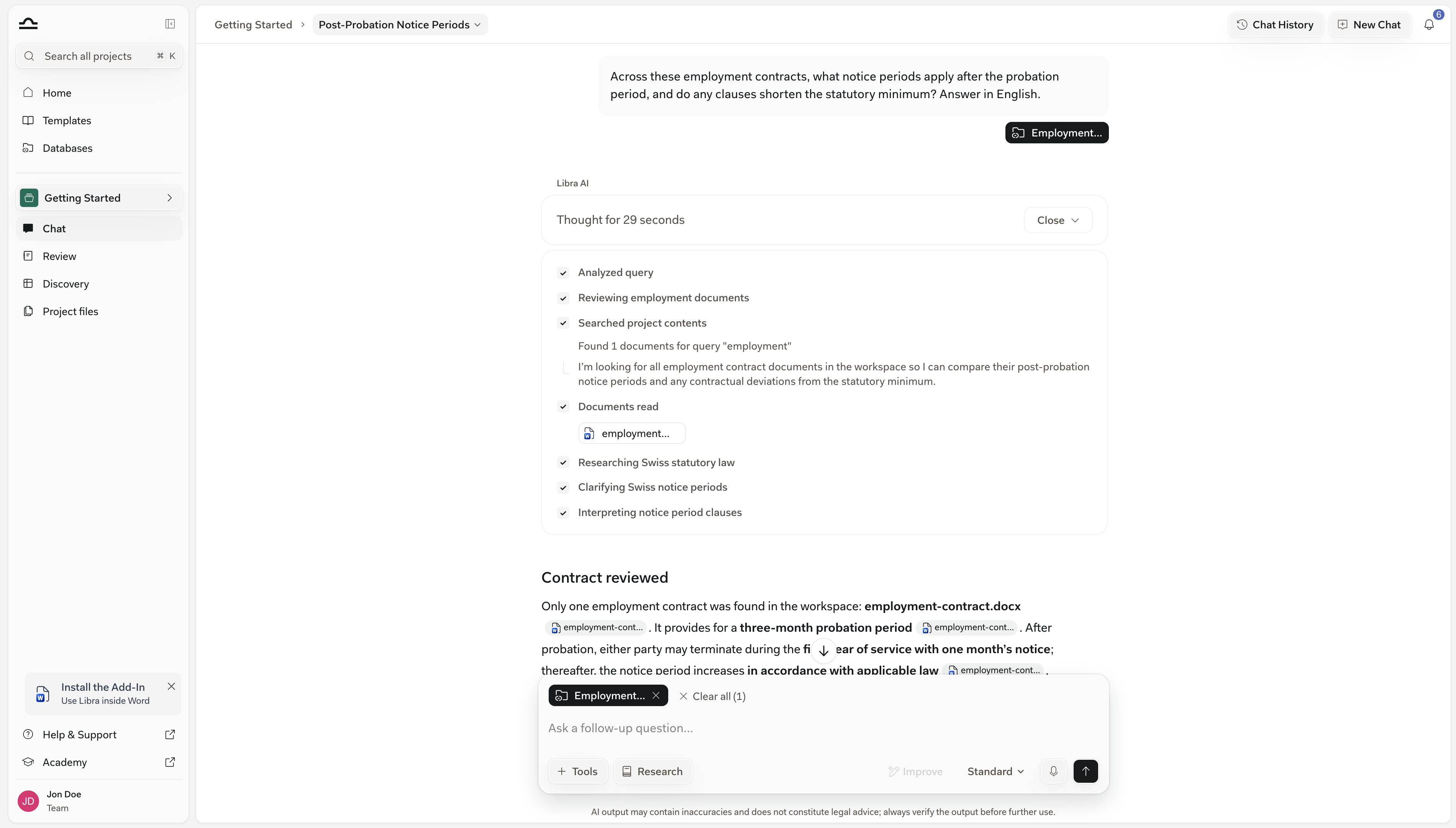Die Aktivitätsleiste über einer Antwort, ausgeklappt zur Anzeige von „Anfrage analysiert” und „Dokumente gelesen” mit den von Libra geöffneten Dokumenten