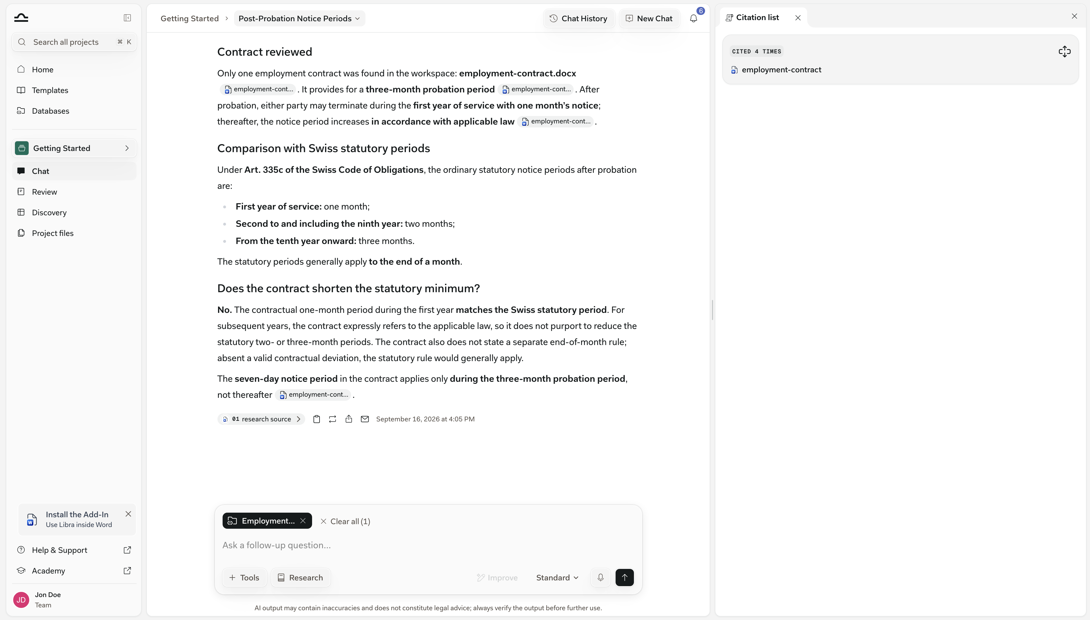 Eine aus einer Datenbank stammende Antwort mit geöffnetem Panel „Zitatliste” rechts, das eine Karte pro zitiertem Dokument und die jeweilige Zitatzahl zeigt