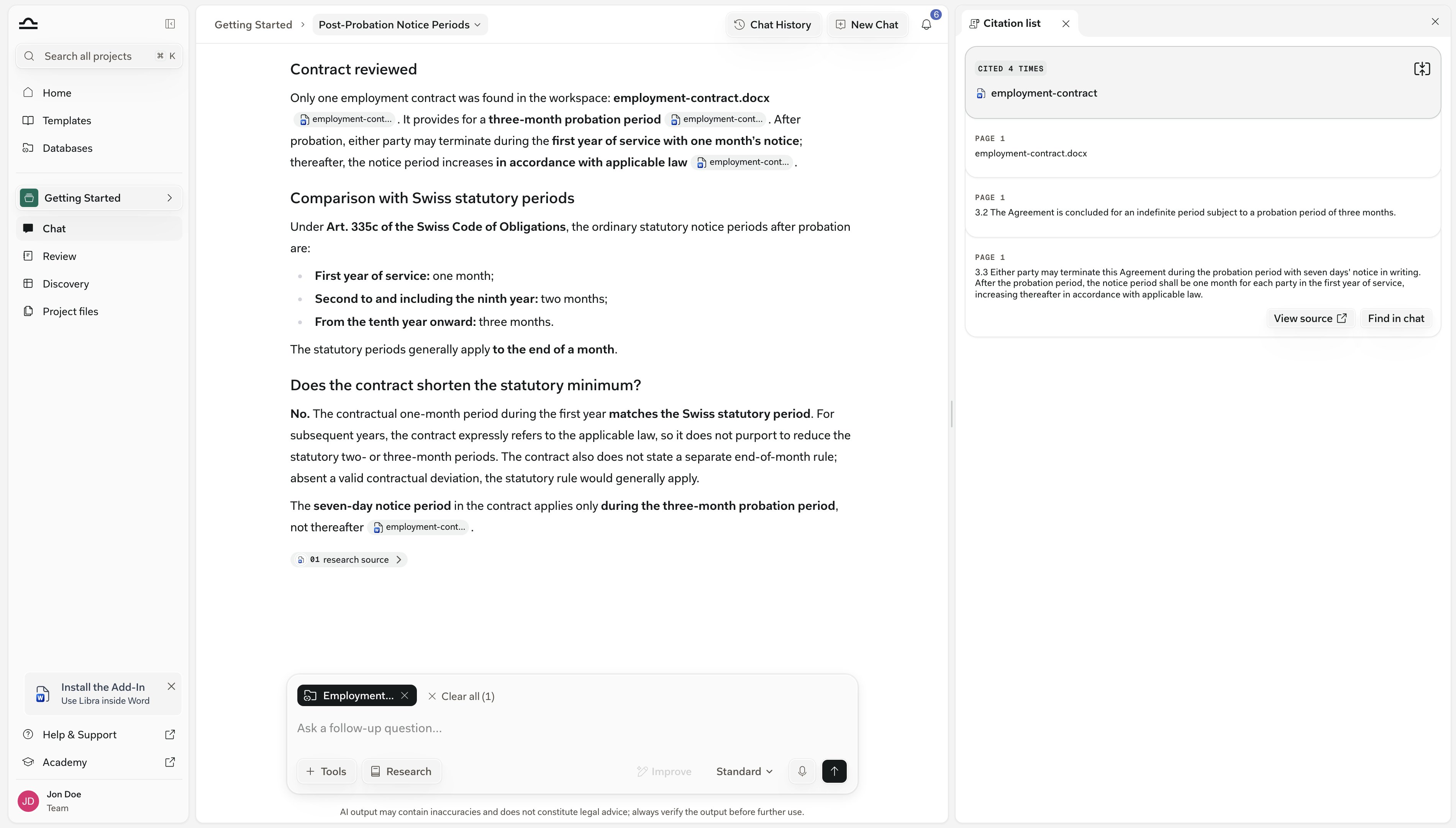 Ein aus einer Antwort geöffnetes Zitat, mit dem Dokument im Seitenpanel und der zitierten Textstelle hervorgehoben