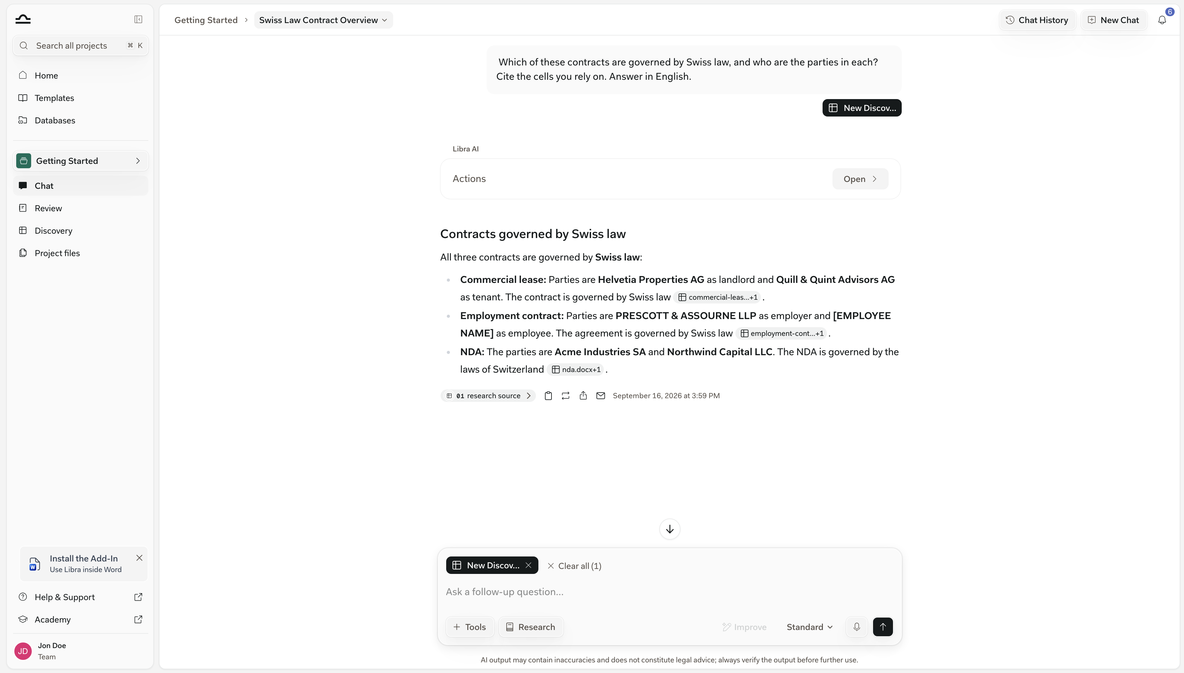 Discovery-Vorschaukarte im Chat mit extrahierten Zeilen und Zitaten auf Zellenebene