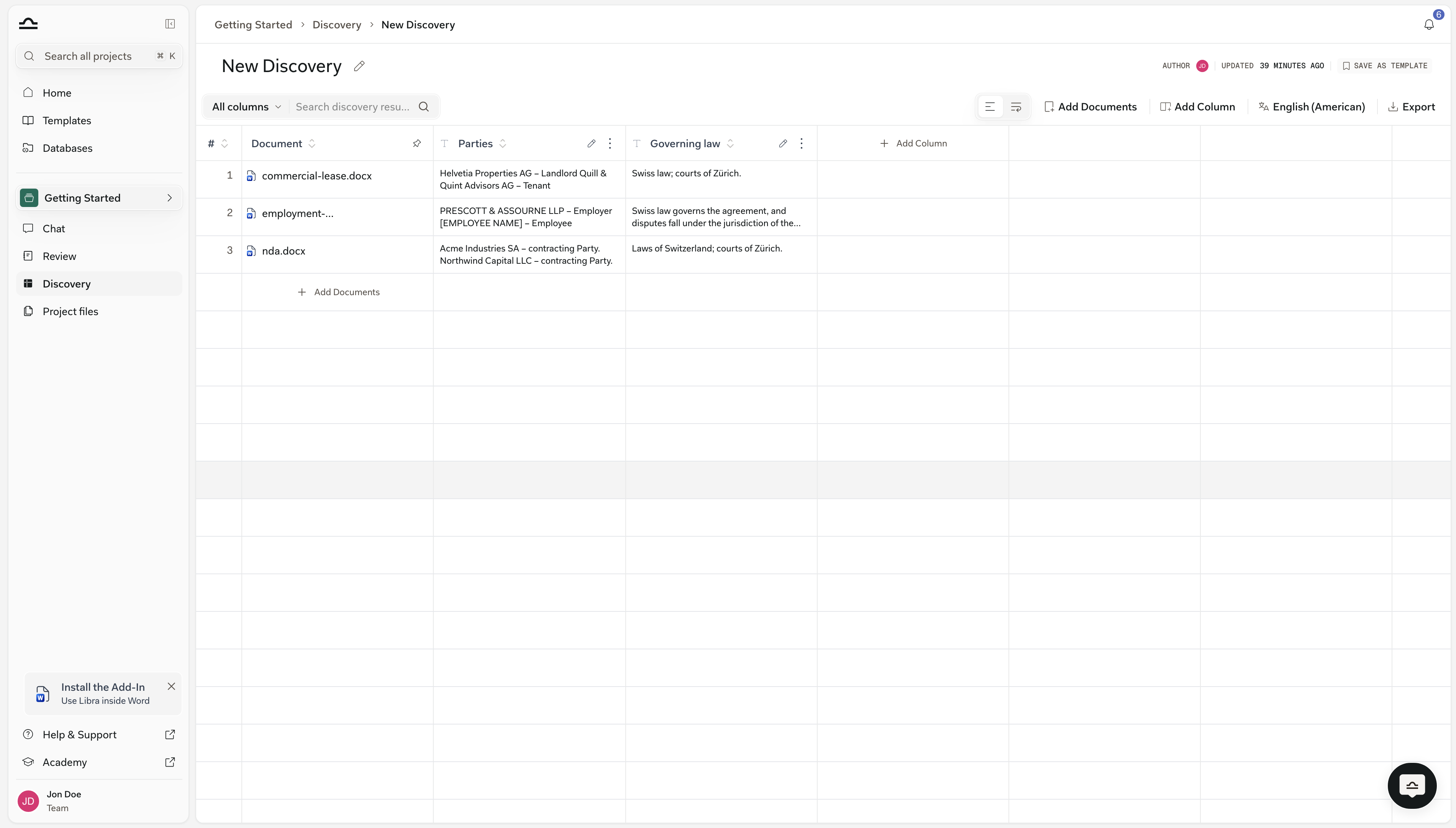 Full-screen Discovery view with columns and extracted rows
