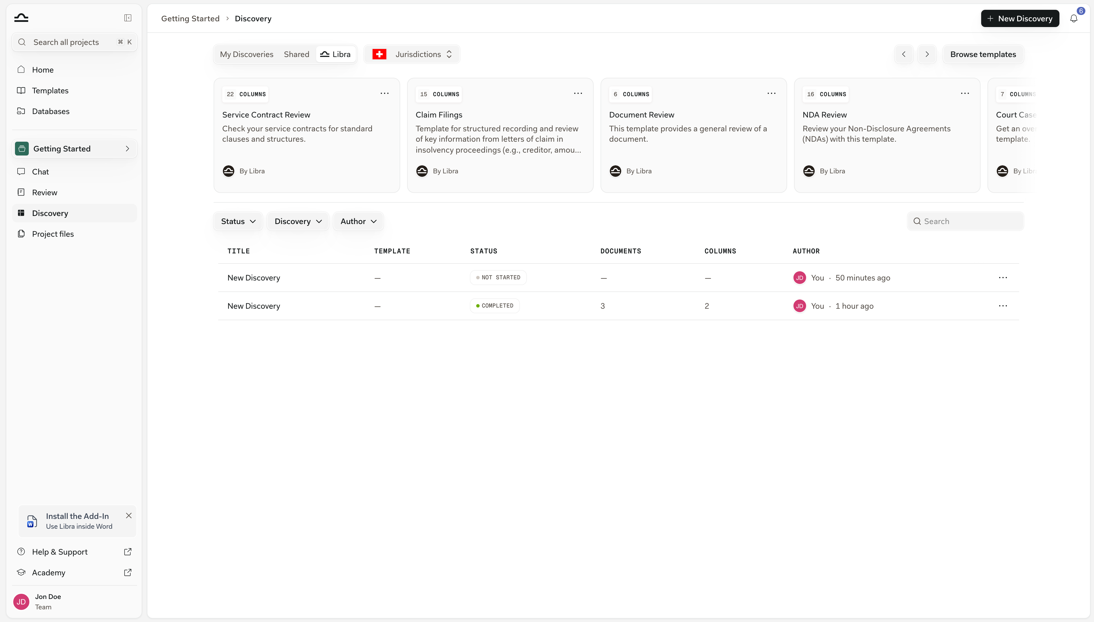 The Libra tab of the in-project Discovery page, listing Discovery templates as cards with their column-count badges and author lines