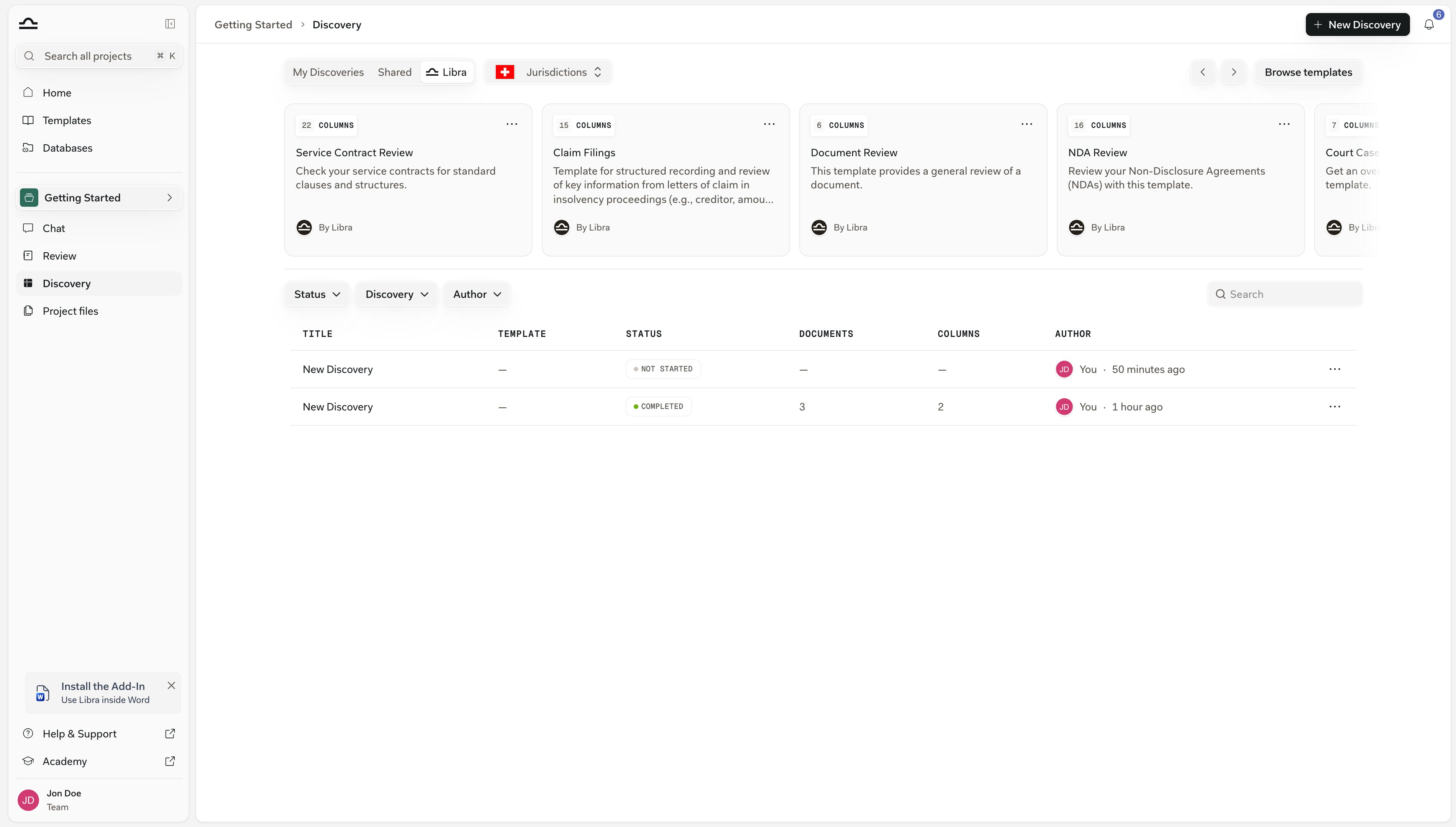 The Libra tab of the in-project Discovery page, listing Discovery templates as cards with their column-count badges and author lines