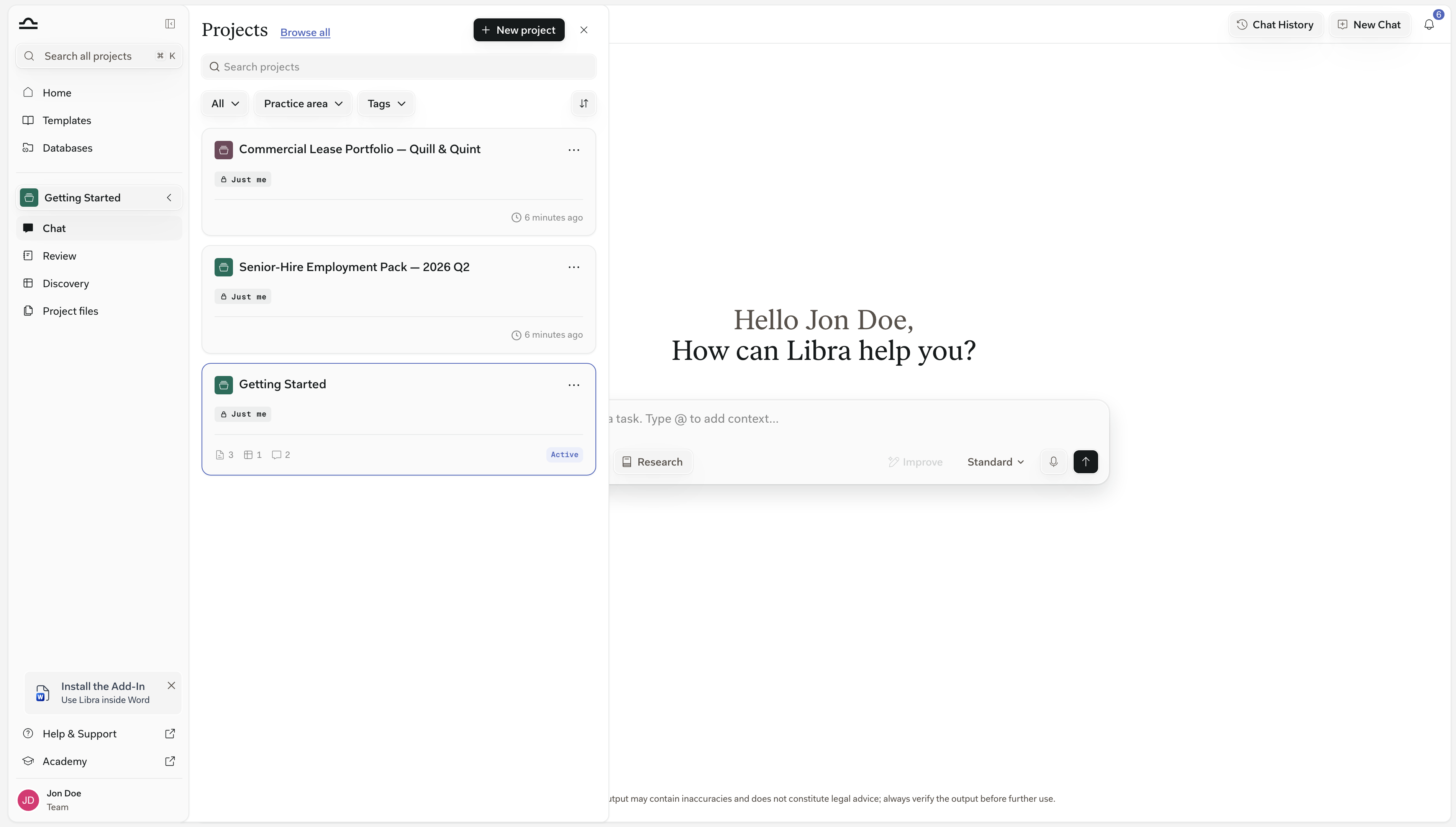 The Projects panel open beside the sidebar, listing the projects you can open