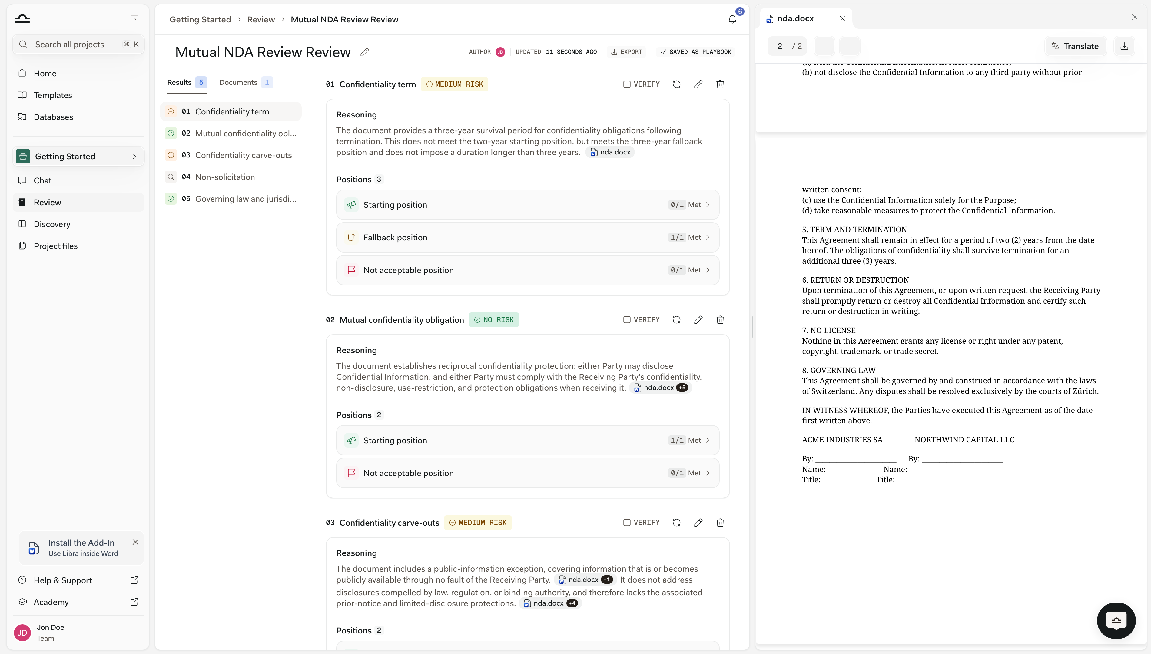 Full-screen Review view with numbered Topics, reasoning, Positions and risk badges