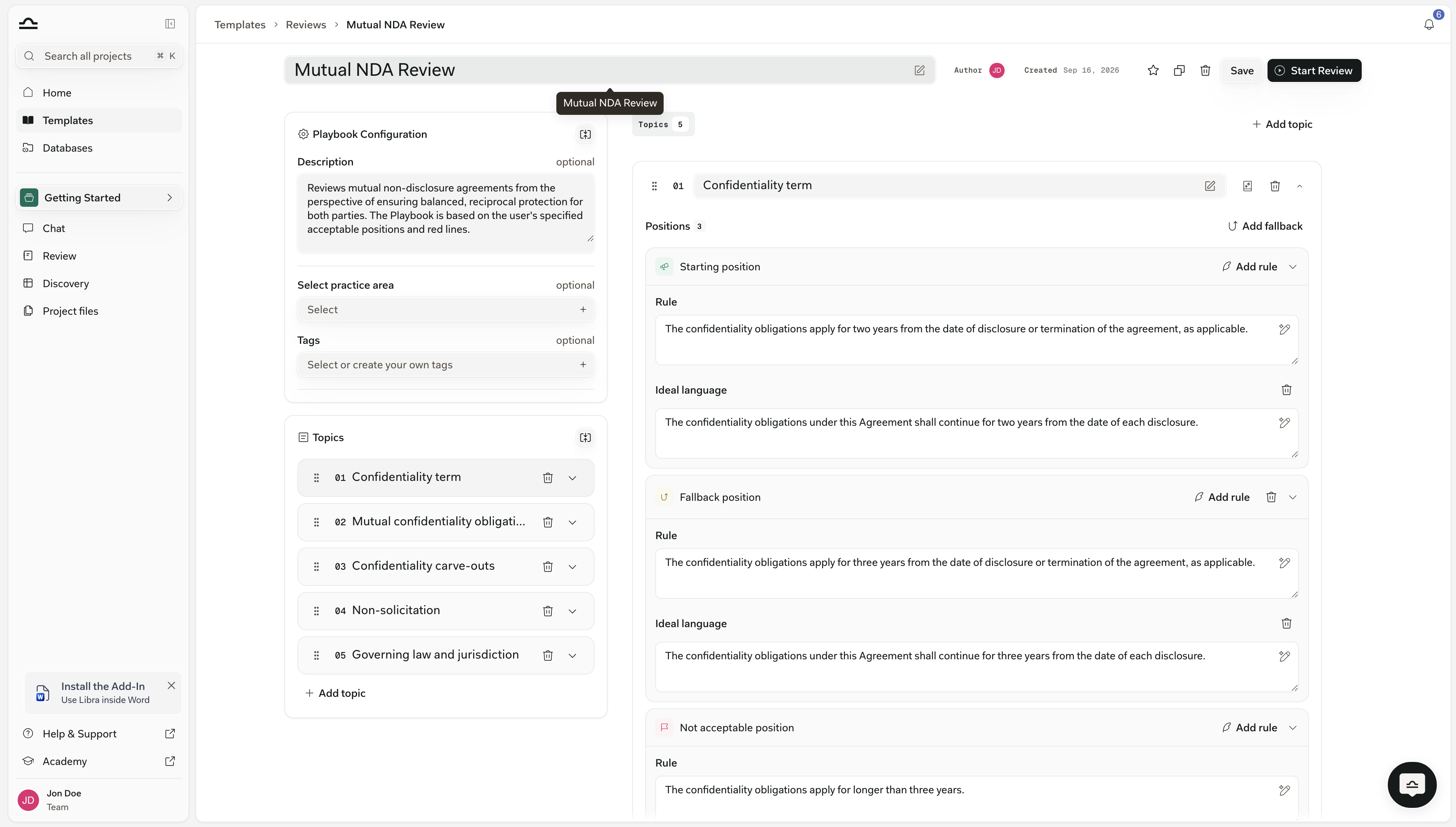 Full-page Playbook editor for Mutual NDA Review with the Confidentiality term Topic expanded: a Starting position with a Rule and an Ideal language box beneath it, a Fallback position with its own Ideal language, and the Not acceptable position below with Add rule only