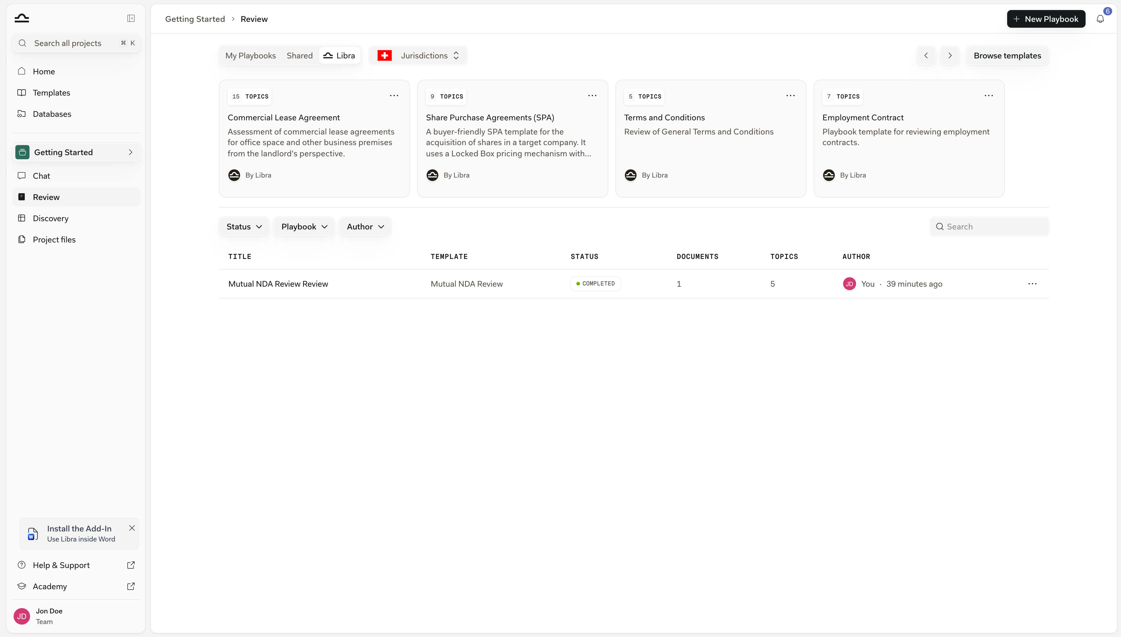 The Review page with the My Playbooks / Shared / Libra tabs, Playbook cards showing their TOPICS badges, the New Playbook and Browse templates buttons, and the runs table below with Status, Playbook and Author filters and a completed Mutual NDA Review run