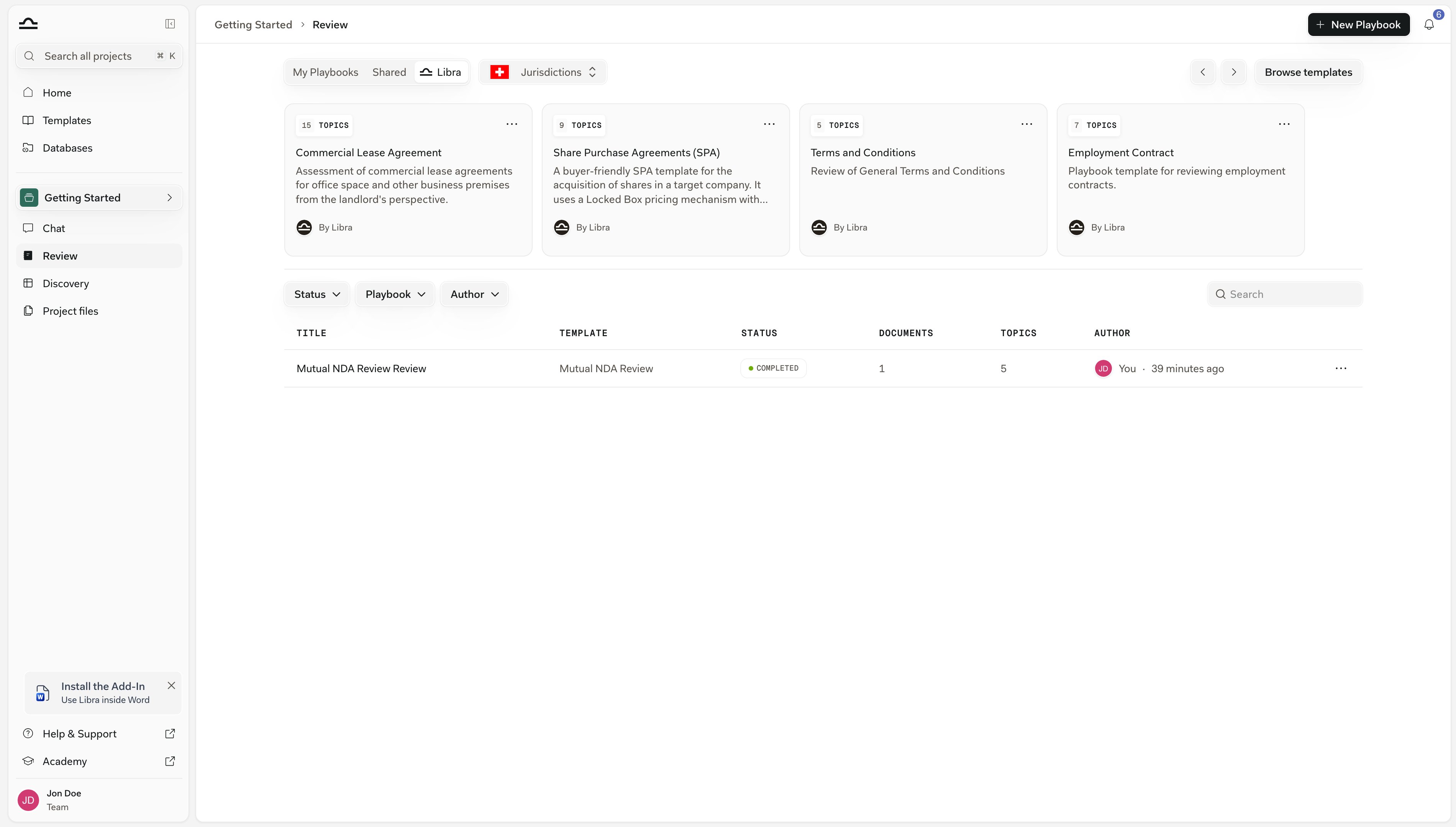 The Review page with the My Playbooks / Shared / Libra tabs, Playbook cards showing their TOPICS badges, the New Playbook and Browse templates buttons, and the runs table below with Status, Playbook and Author filters and a completed Mutual NDA Review run