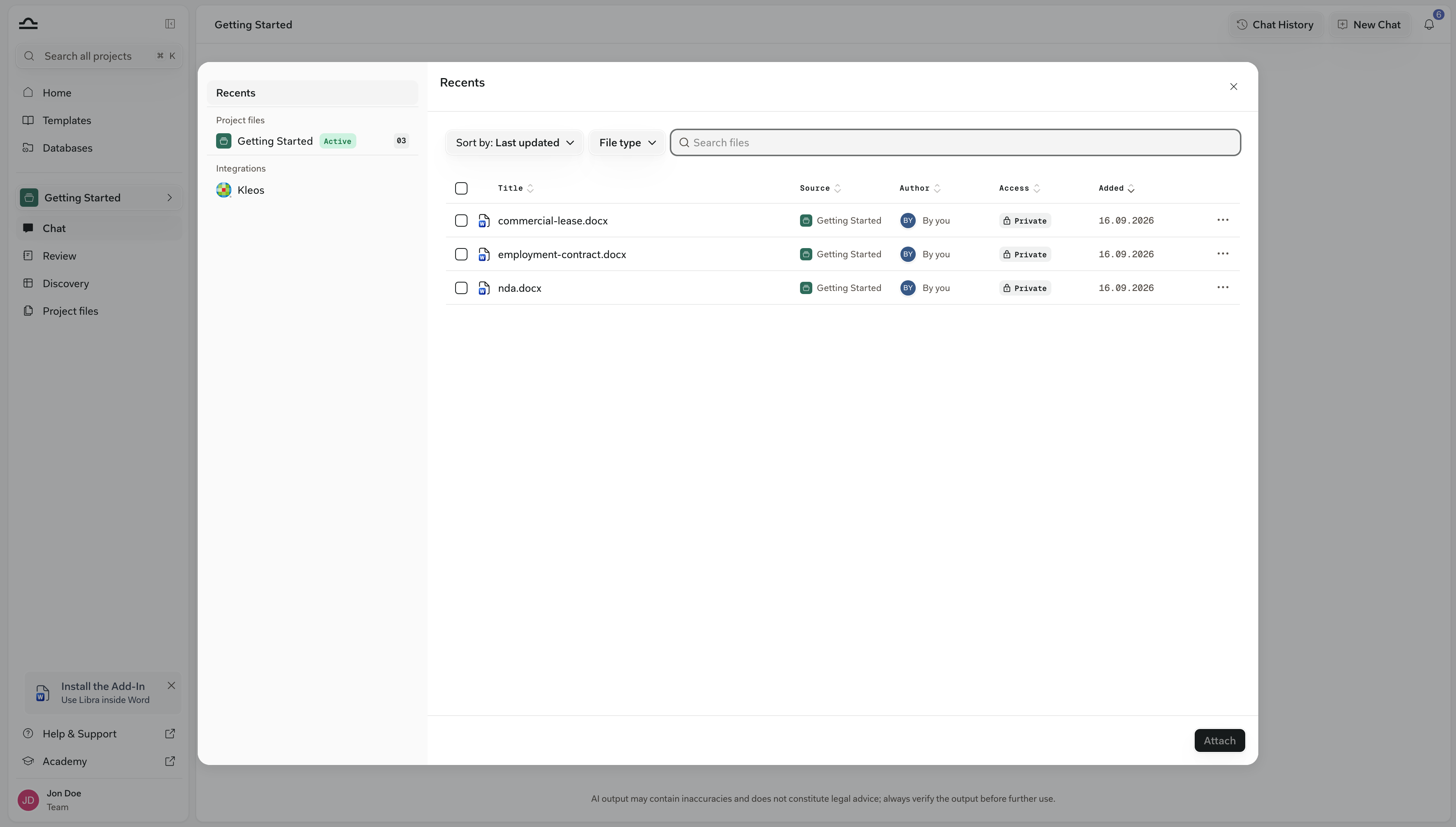 The Select files browser with Recents, Project files, Databases and Integrations in the left rail and a per-file list with Title, Source, Author and Access columns