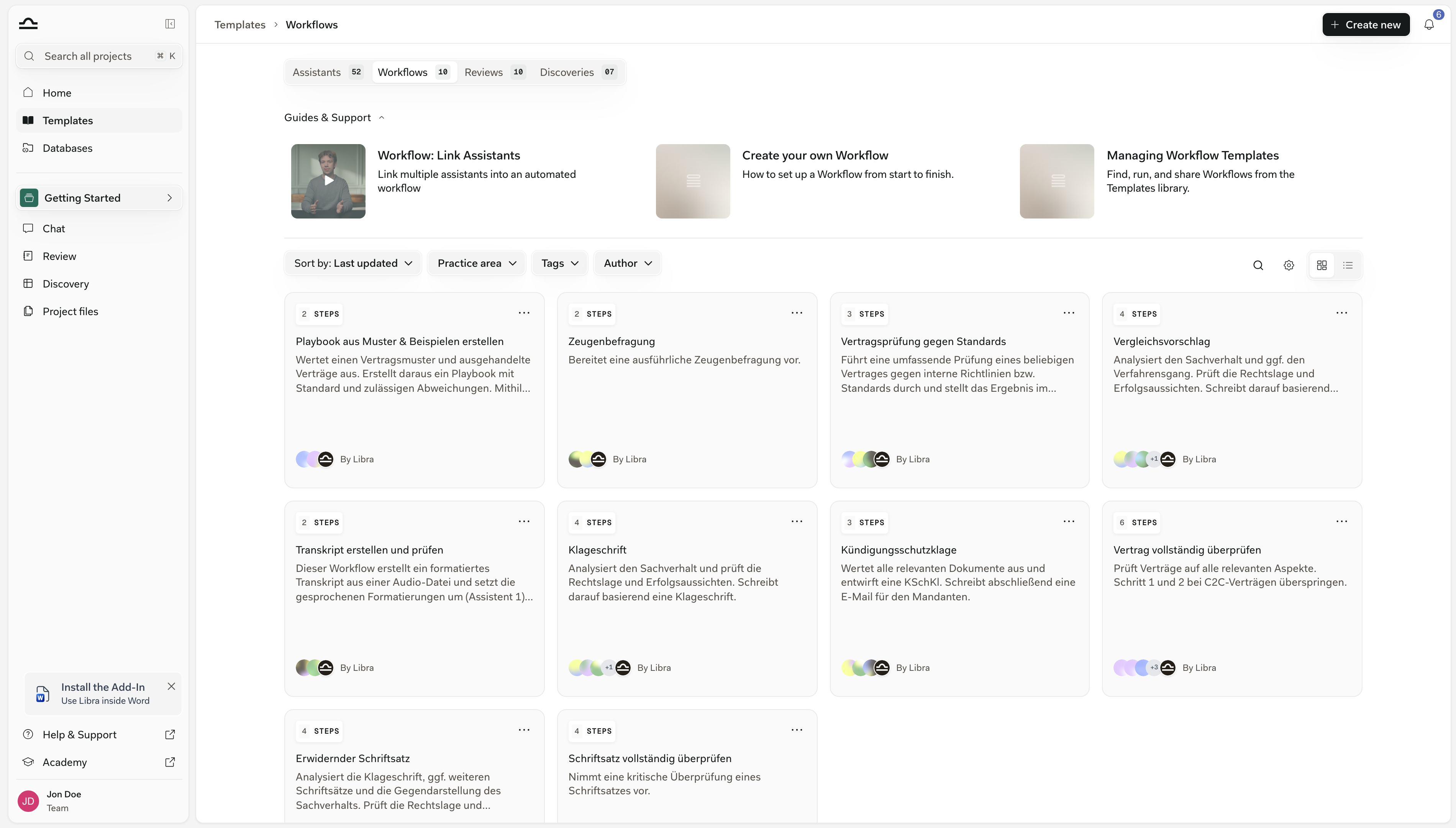 Templates library open on the Workflows tab, showing Workflow cards with their step counts and the Create new button at the top right