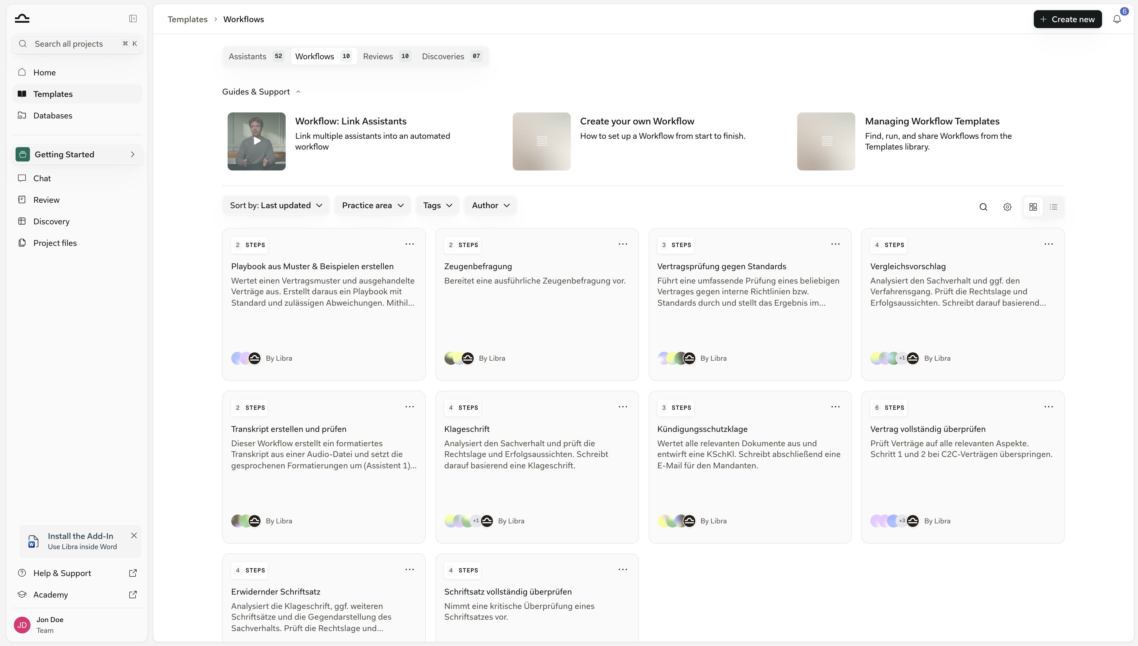 Templates library open on the Workflows tab, showing Workflow cards with their step counts and the Create new button at the top right
