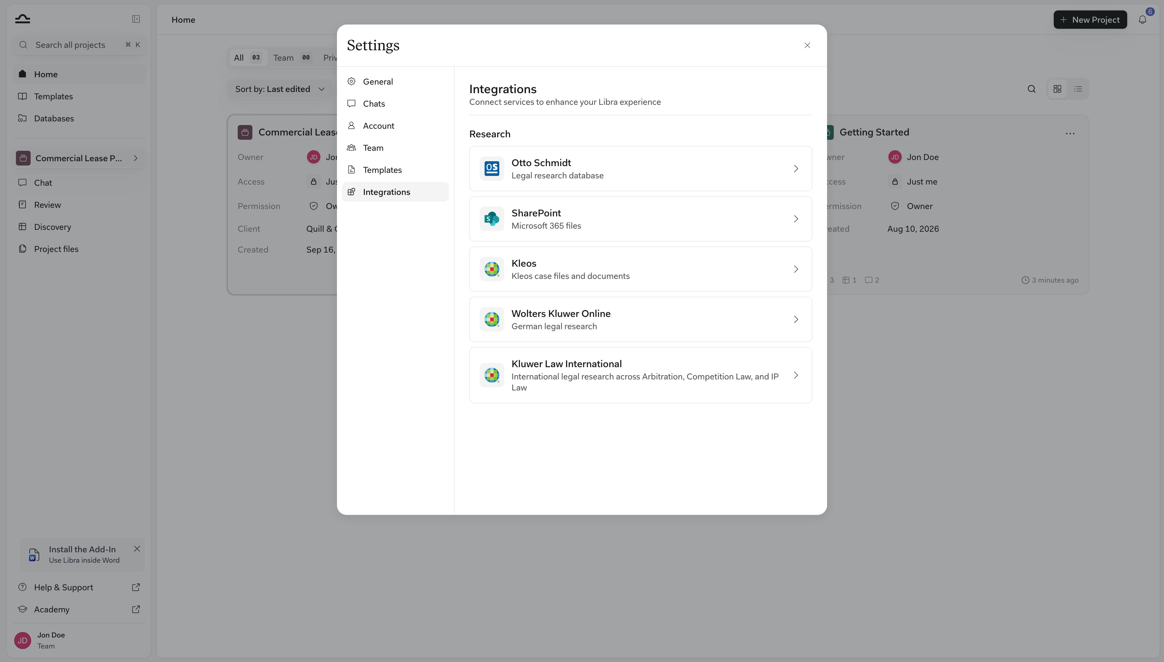 Einstellungen → Integrationen mit der Otto Schmidt-Zeile ganz oben in der Gruppe Recherche