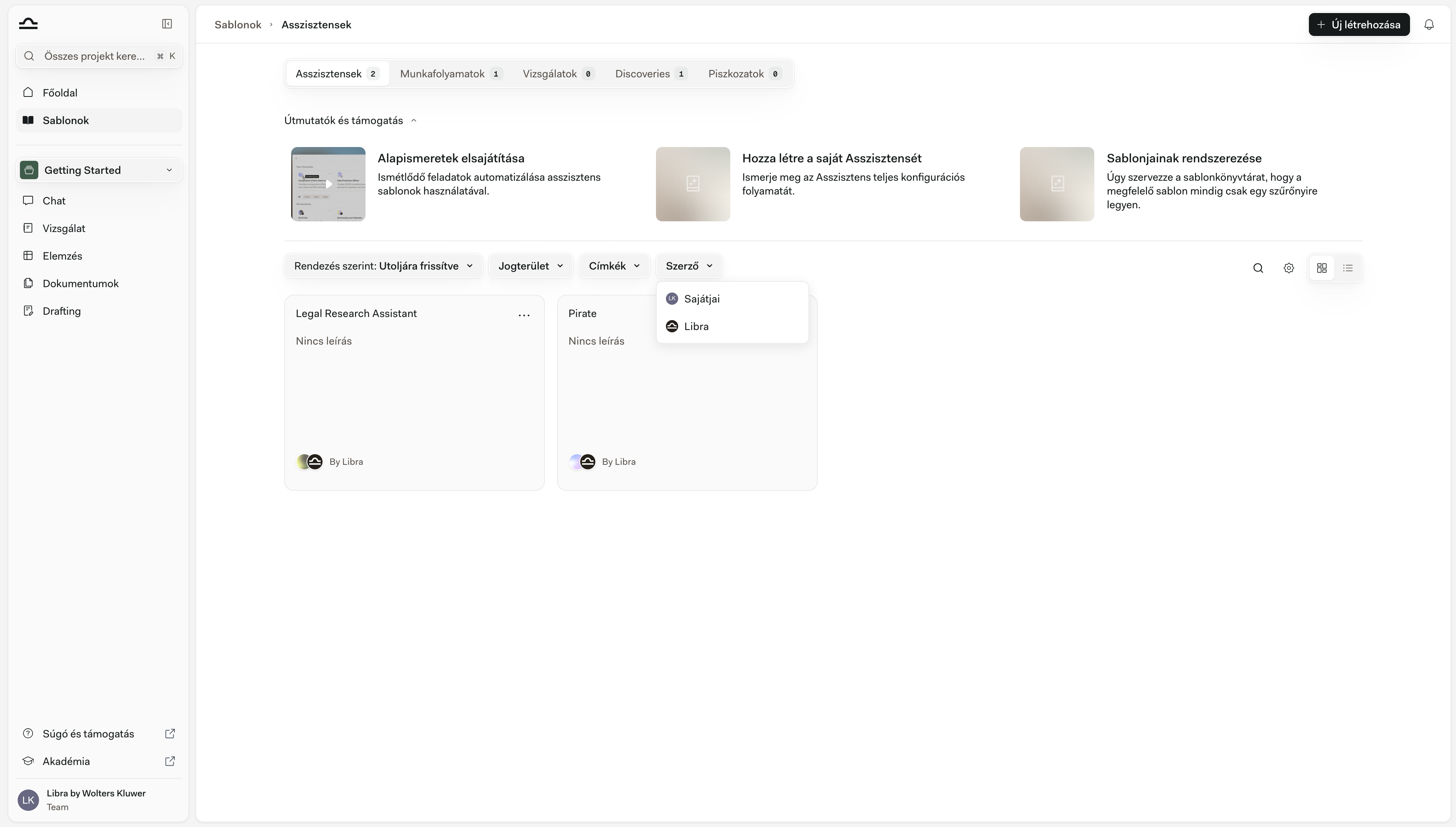 A megnyitott Szerző szűrő, amely az Az Öné, Csapat és Libra lehetőségeket mutatja