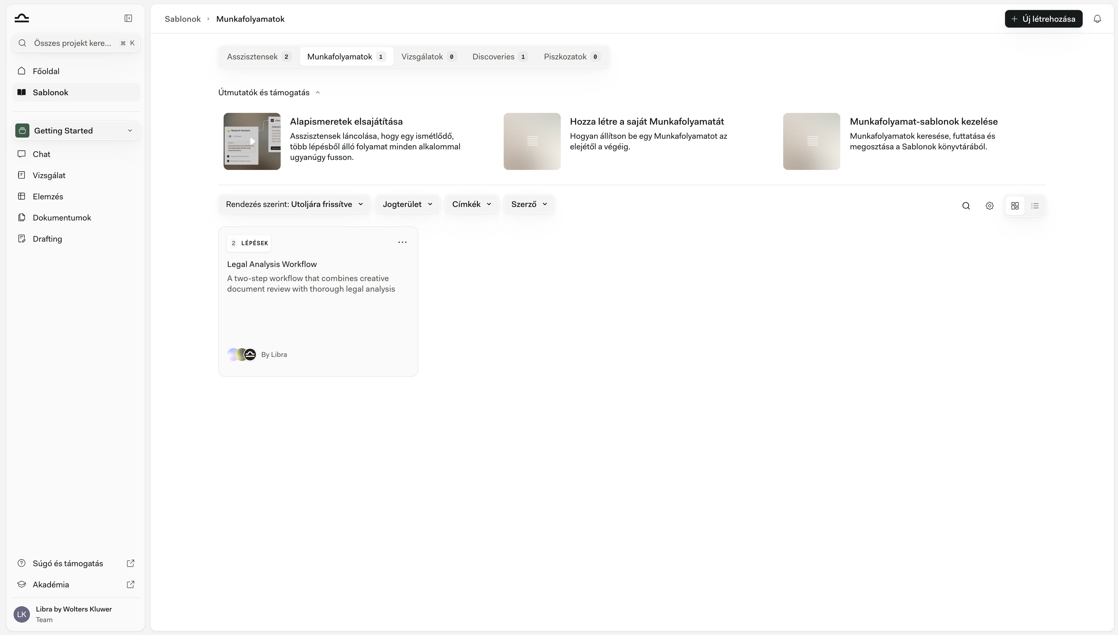 Sablonok oldal az aktív Workflows lappal