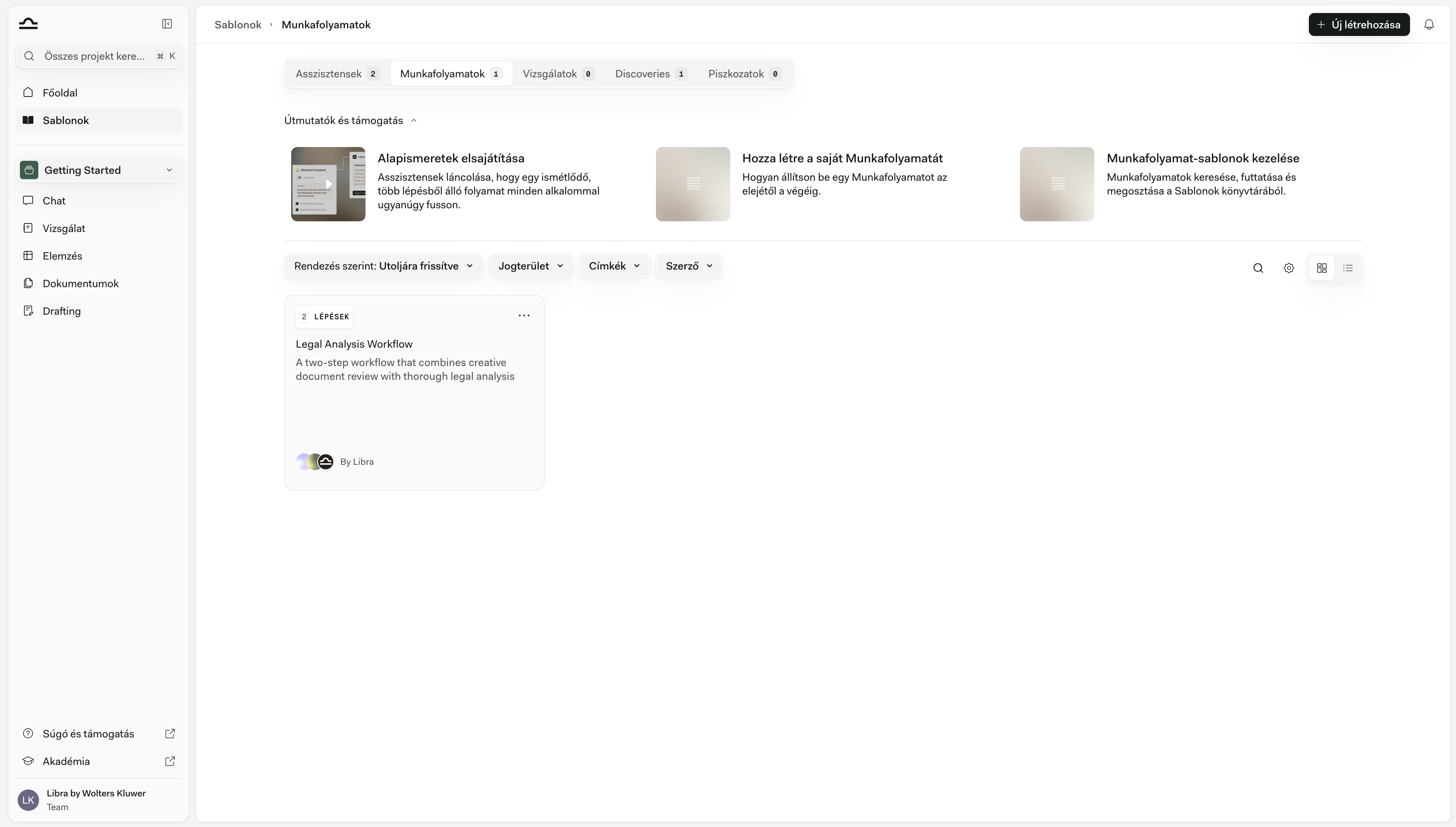 Sablonok oldal aktív Workflows füllel
