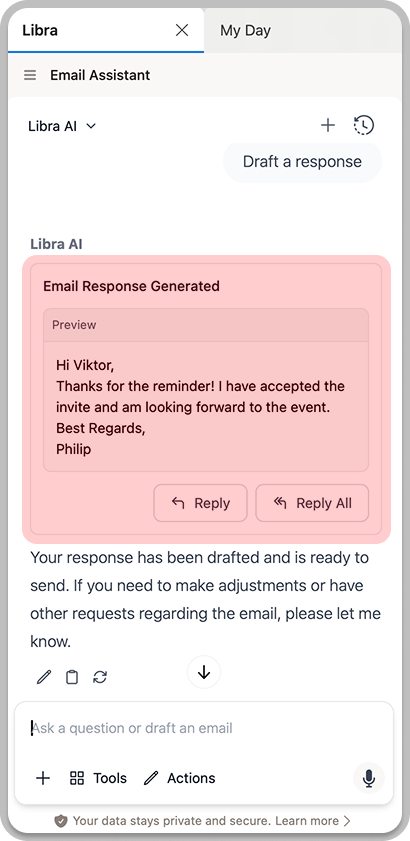 Libra zeigt eine entworfene E-Mail-Antwort