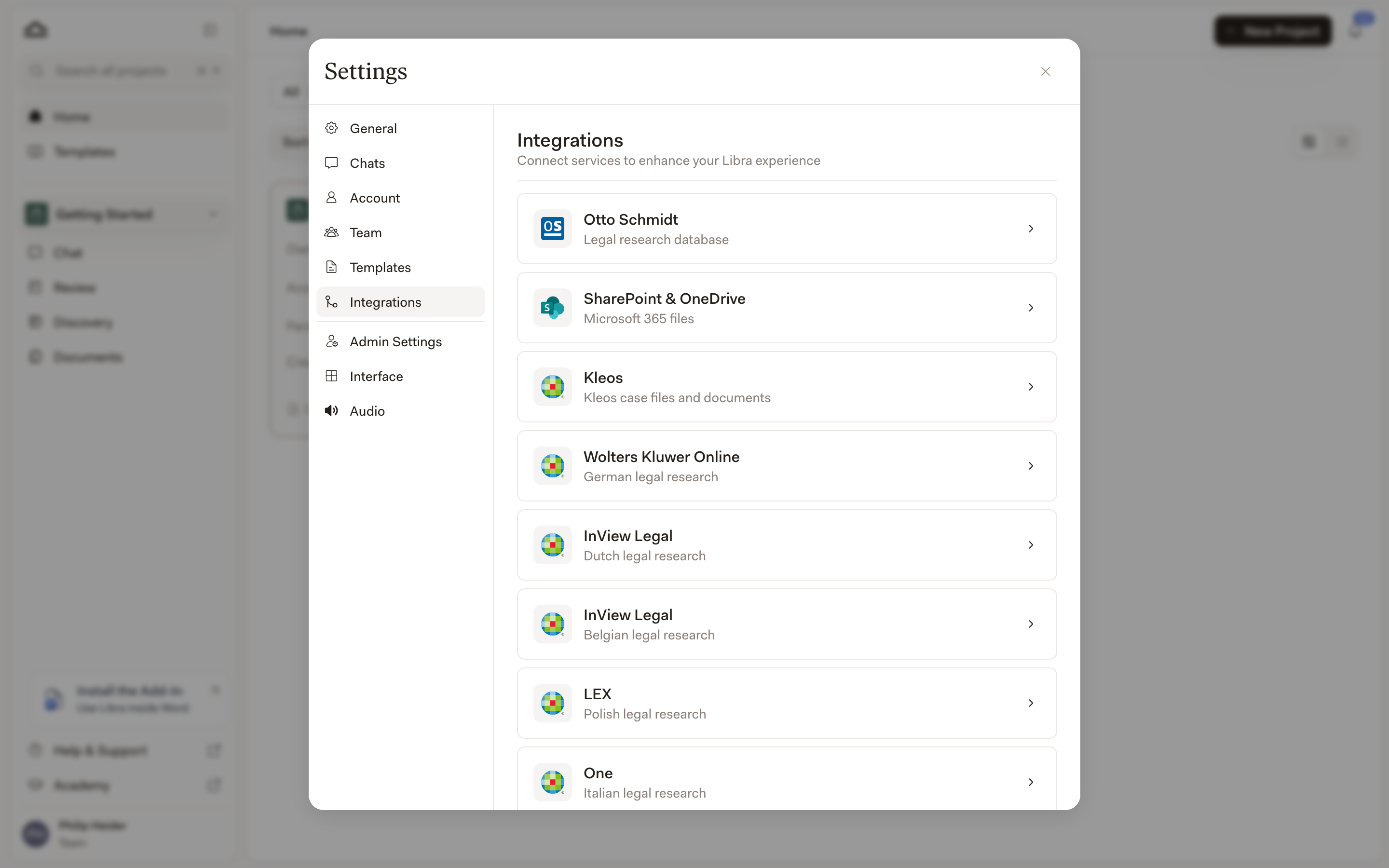 A Beállítások → Integrációk lista a SharePoint & OneDrive kártyával
