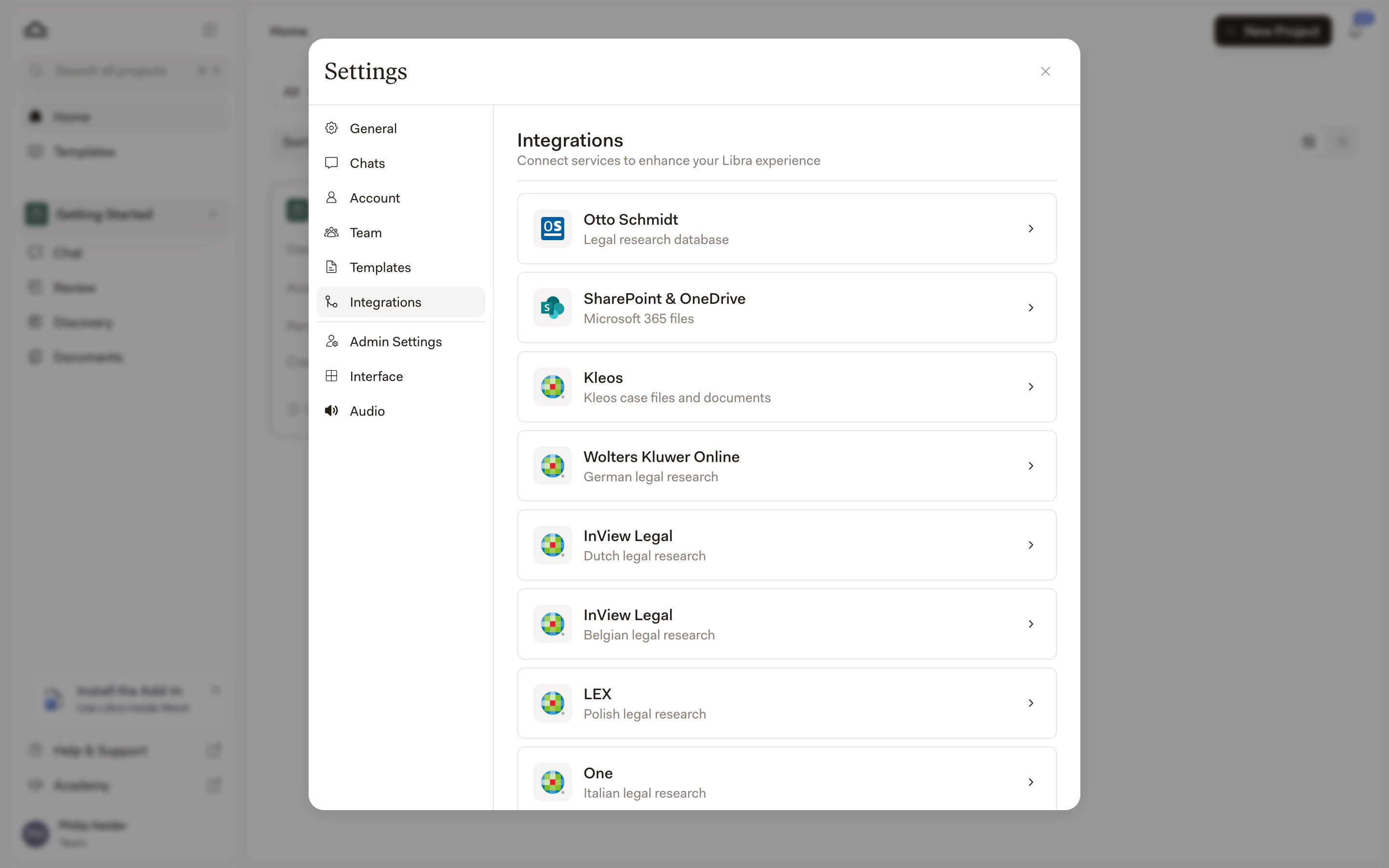 A Beállítások → Integrációk lista a SharePoint & OneDrive kártyával