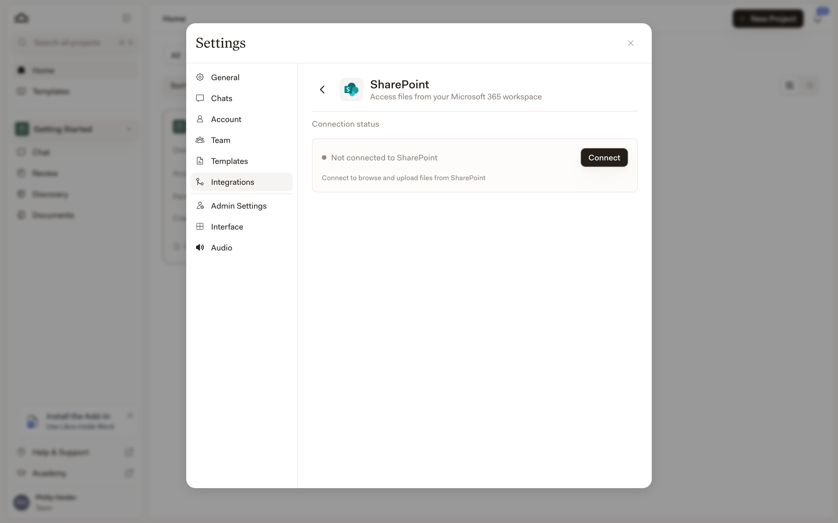 The SharePoint integration panel showing Connection status as Not connected to SharePoint, with a Connect button