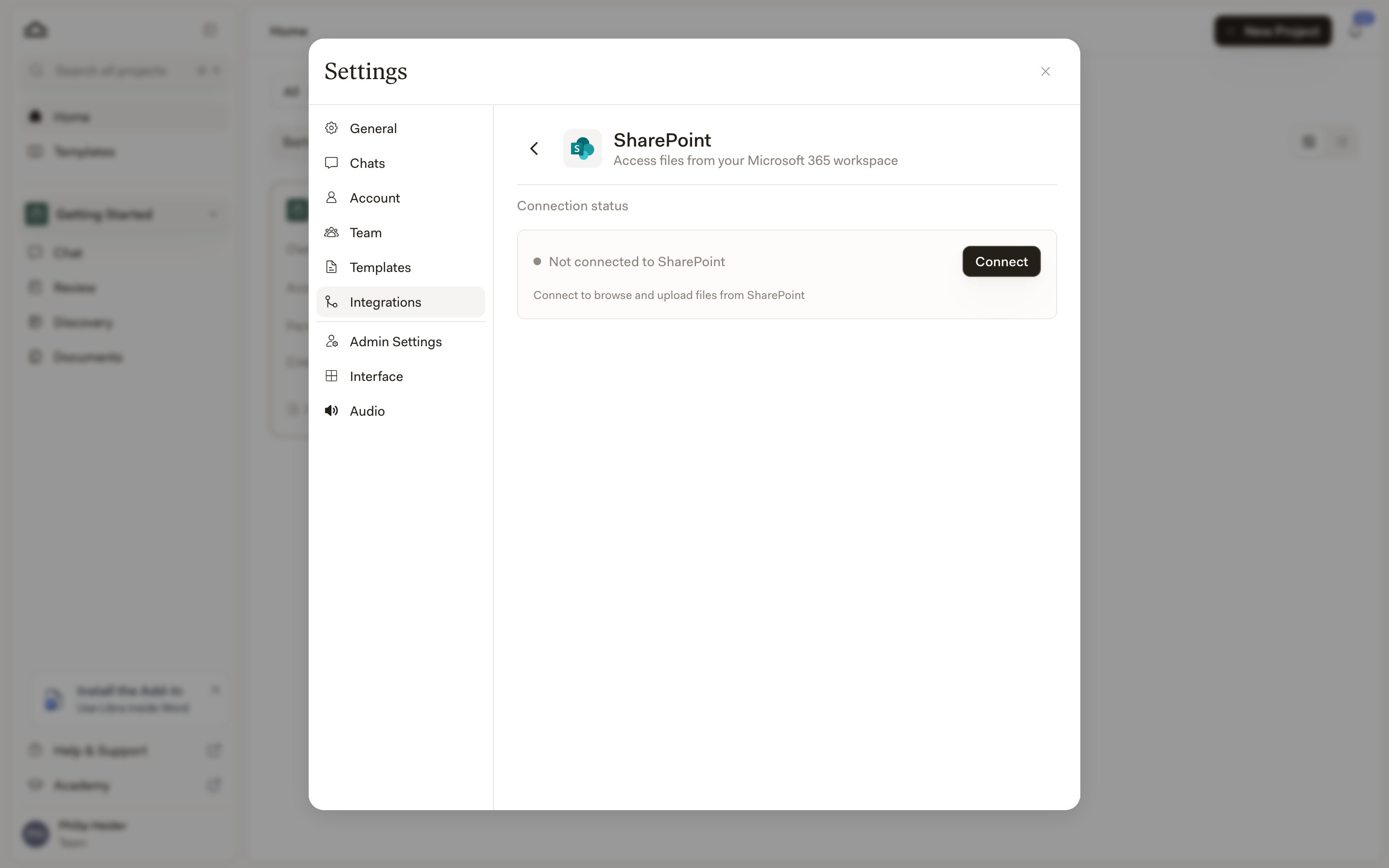 The SharePoint integration panel showing Connection status as Not connected to SharePoint, with a Connect button