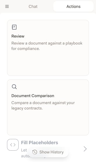 Registerkarte Actions mit Review, Dokumentenvergleich und Platzhalter ausfüllen