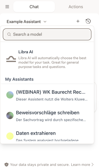 Geöffnete Assistant-Auswahlliste im Word-Panel mit Suchfeld, dem Eintrag Libra AI und dem Abschnitt Meine Assistants