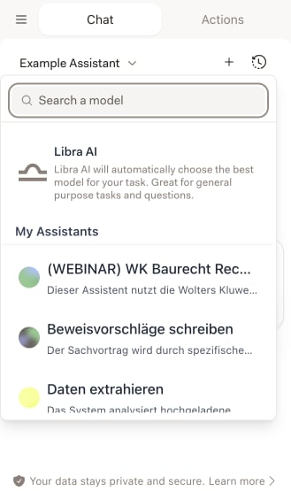 Geöffnete Assistant-Auswahlliste im Word-Panel mit Suchfeld, dem Eintrag Libra AI und dem Abschnitt Meine Assistants
