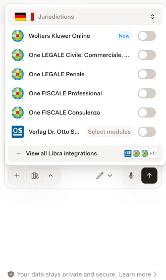 Recherche-Quellen-Panel im Word-Add-in mit den verbundenen Datenbanken samt Schaltern und einem Filter für Rechtsordnungen am oberen Rand