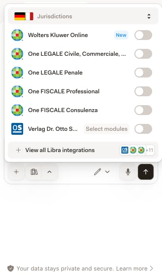 Recherche-Quellen-Panel im Word-Add-in mit den verbundenen Datenbanken samt Schaltern und einem Filter für Rechtsordnungen am oberen Rand