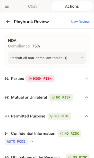 Review-Ergebnisse mit einem Compliance-Prozentsatz und Risiko-Badges je Thema