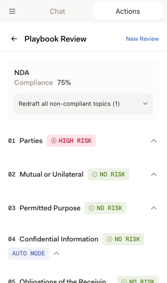 Review-Ergebnisse mit einem Compliance-Prozentsatz und Risiko-Badges je Thema