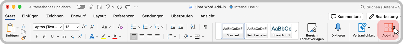 Word-Symbolleiste mit hervorgehobener Add-Ins-Schaltfläche