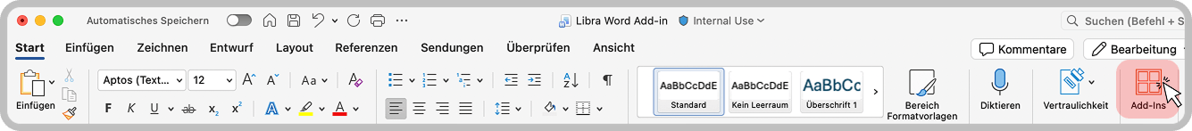 Word-Symbolleiste mit hervorgehobener Add-Ins-Schaltfläche