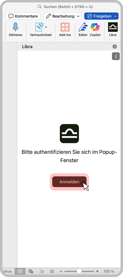 Geöffnetes Libra-Panel neben einem Word-Dokument mit der Aufforderung, sich im Popup-Fenster zu authentifizieren