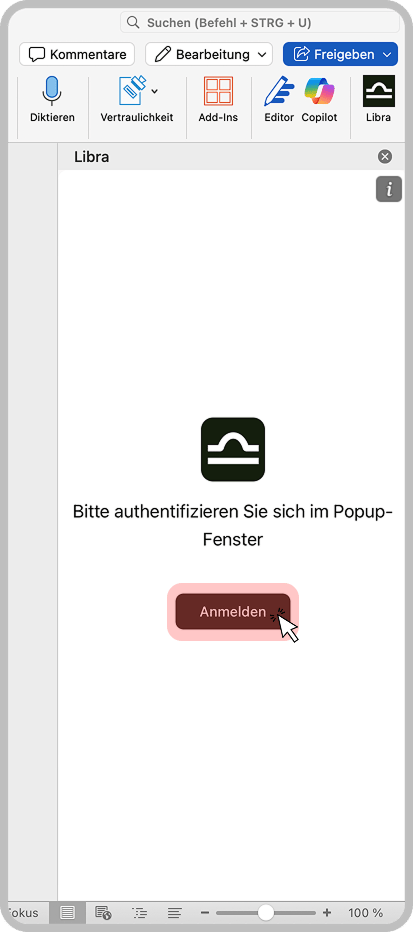 Geöffnetes Libra-Panel neben einem Word-Dokument mit der Aufforderung, sich im Popup-Fenster zu authentifizieren