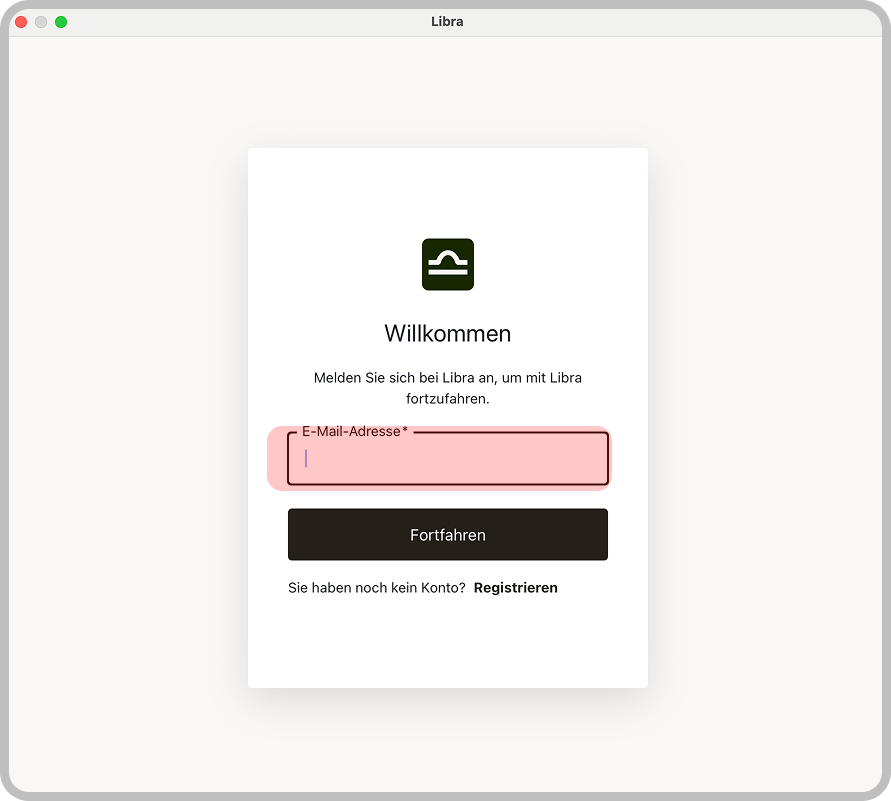 Libra-Anmeldefenster mit der Abfrage der E-Mail-Adresse