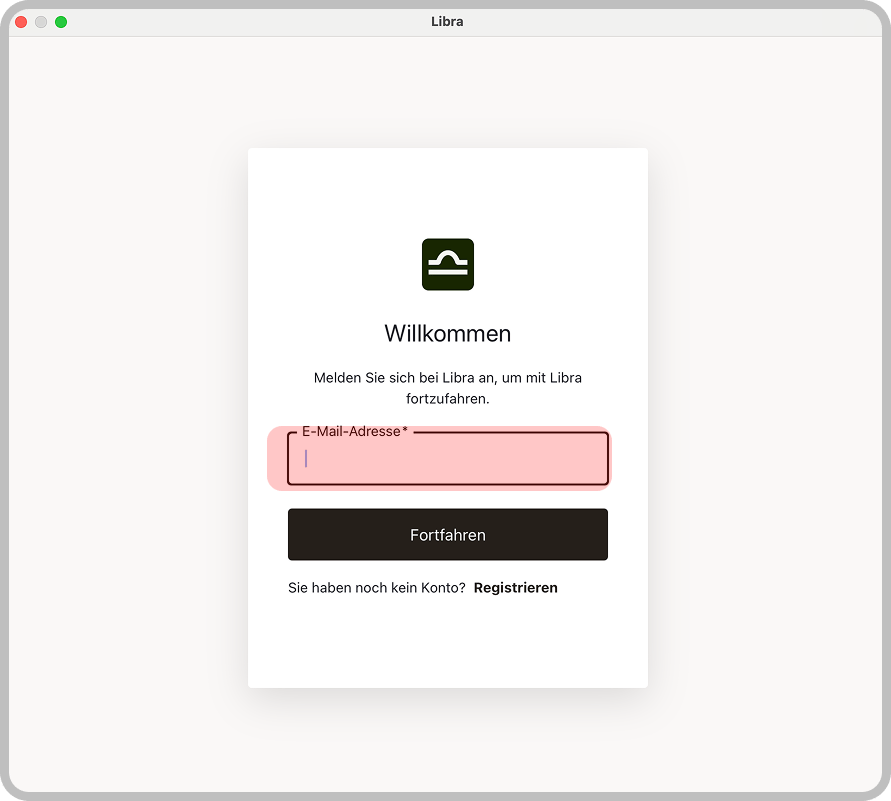 Libra-Anmeldefenster mit der Abfrage der E-Mail-Adresse