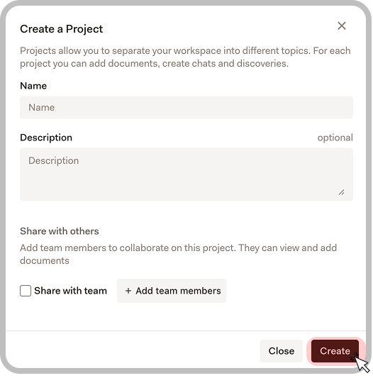 Create project dialog in Libra
