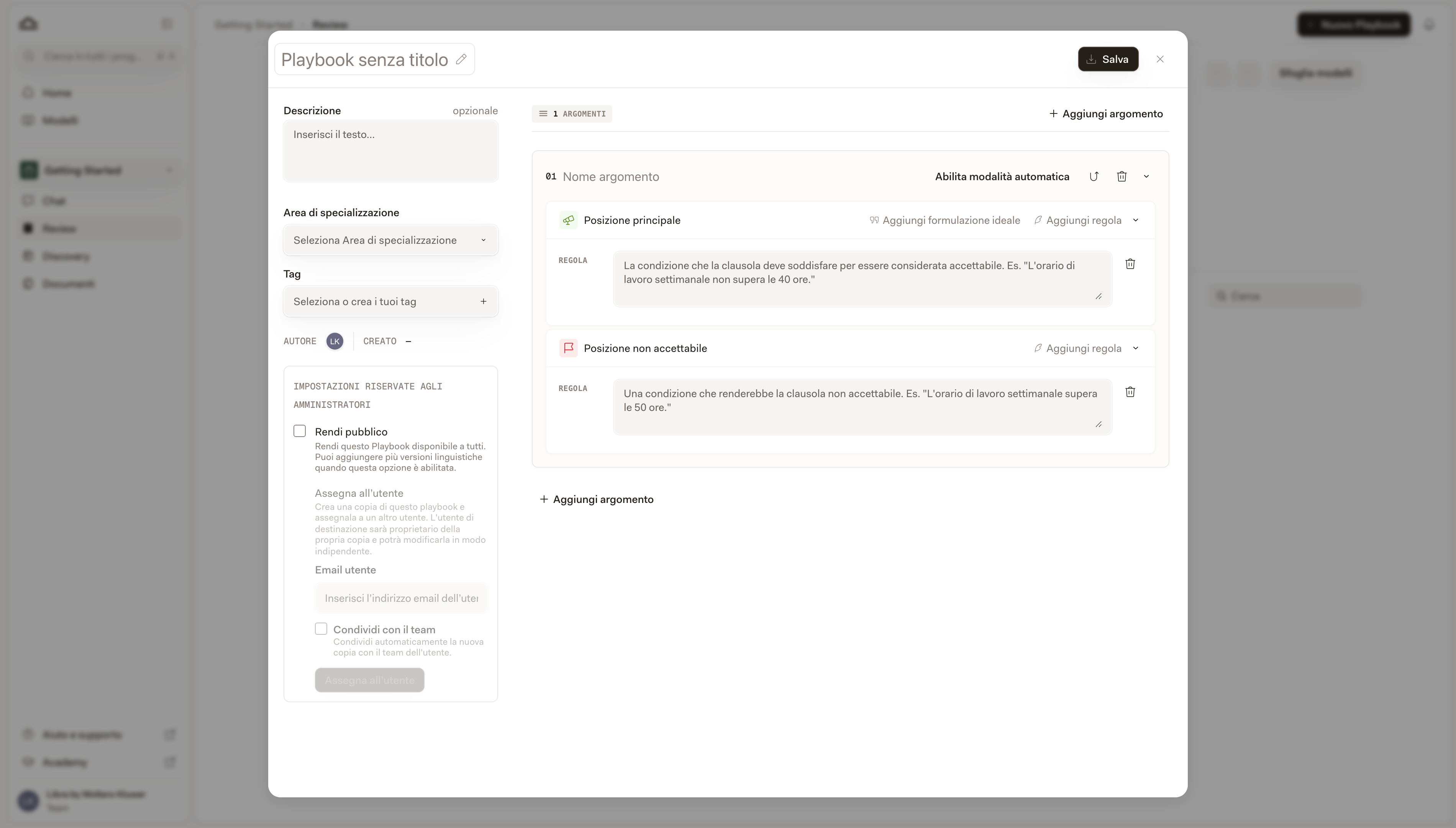 Un nuovo Argomento nell'editor del Playbook che mostra Posizioni 2 — una Posizione iniziale e una Posizione Non accettabile, ciascuna con una Regola vuota — oltre ai comandi Aggiungi fallback, Aggiungi regola e Aggiungi linguaggio ideale