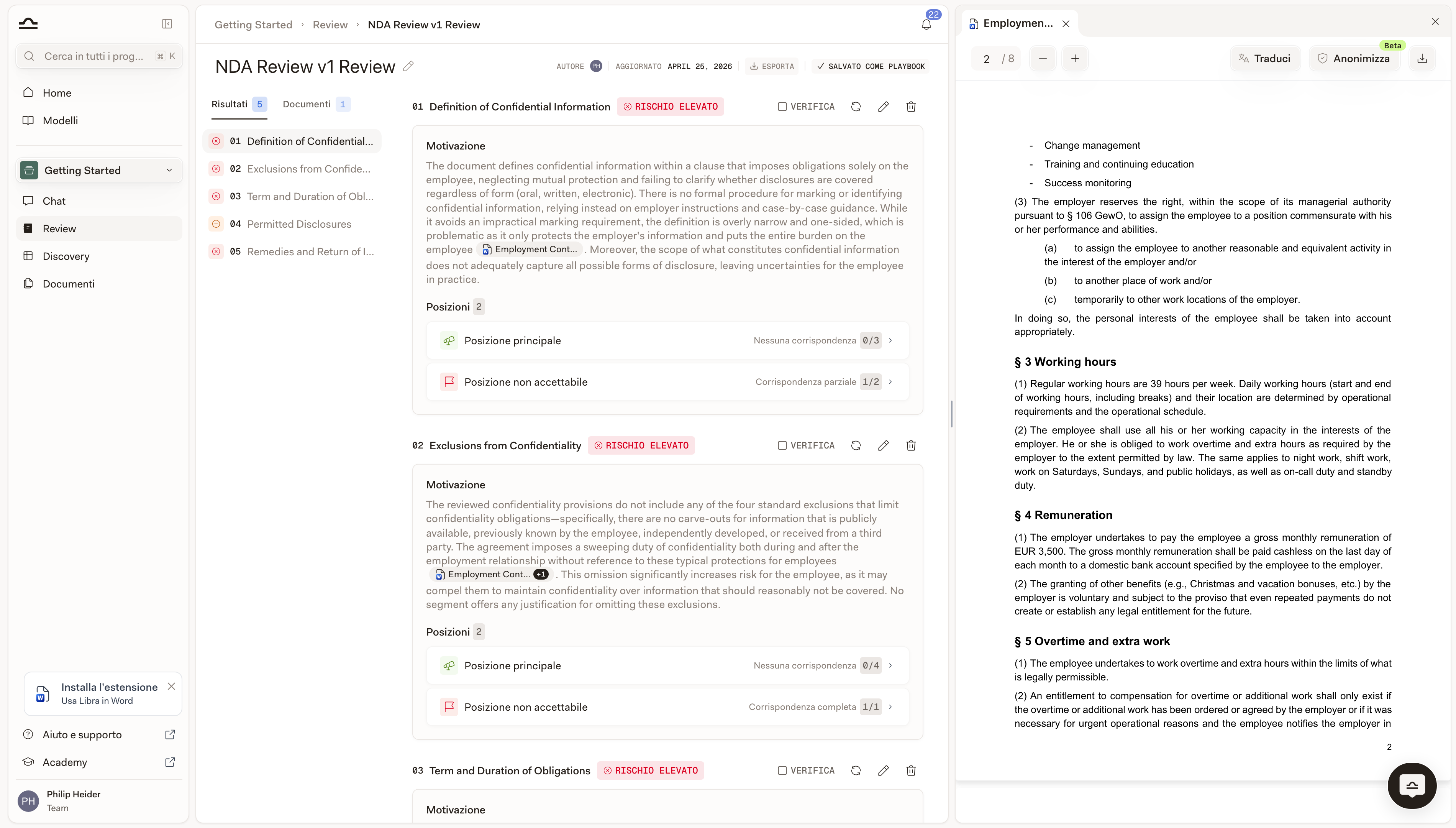 Visualizzazione Review a schermo intero con Argomenti numerati, ragionamento, Posizioni e badge di rischio