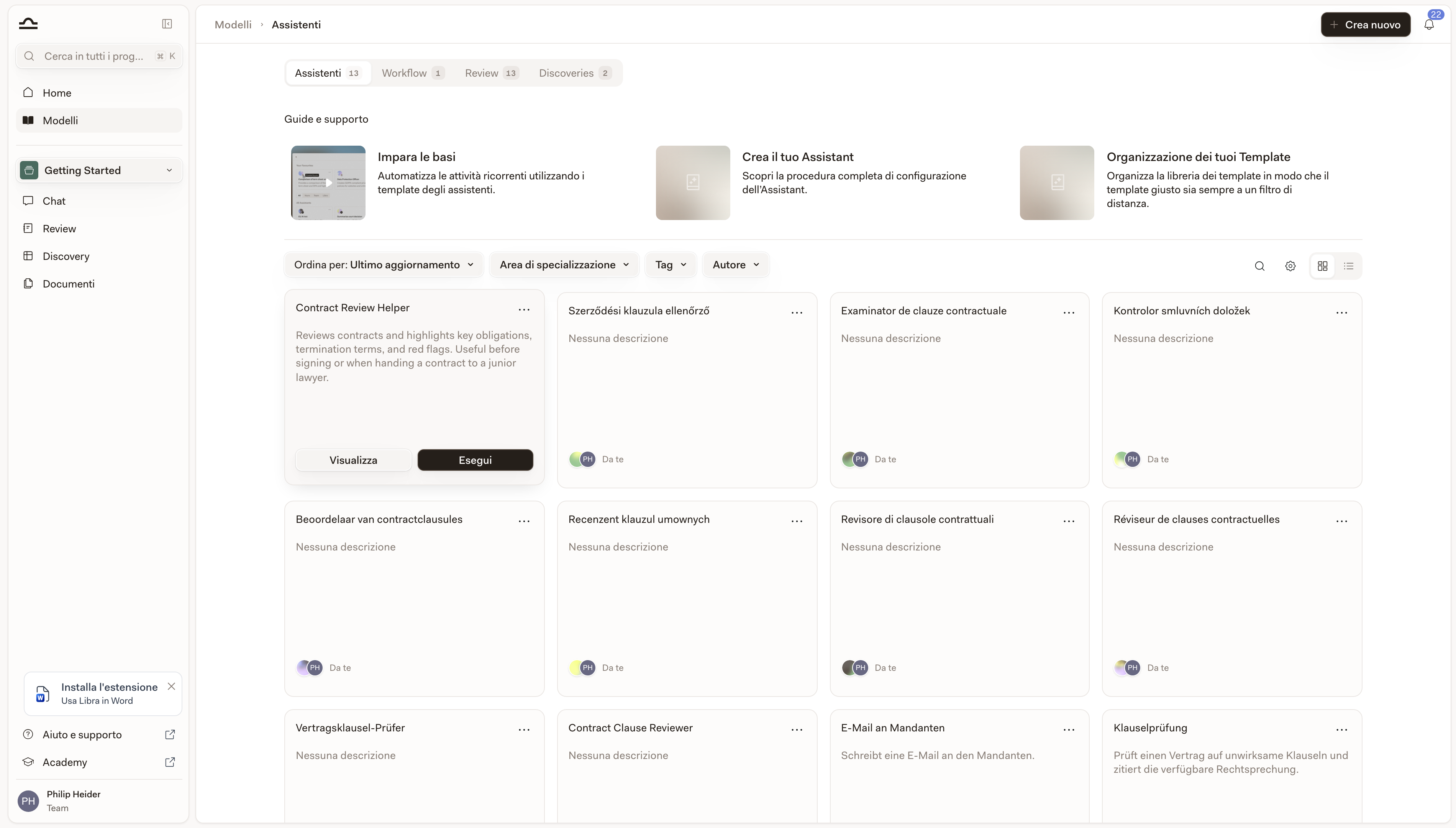 Riquadro del modello con il menu Altre opzioni aperto, che mostra Preferito, Visualizza, Esegui e Duplica