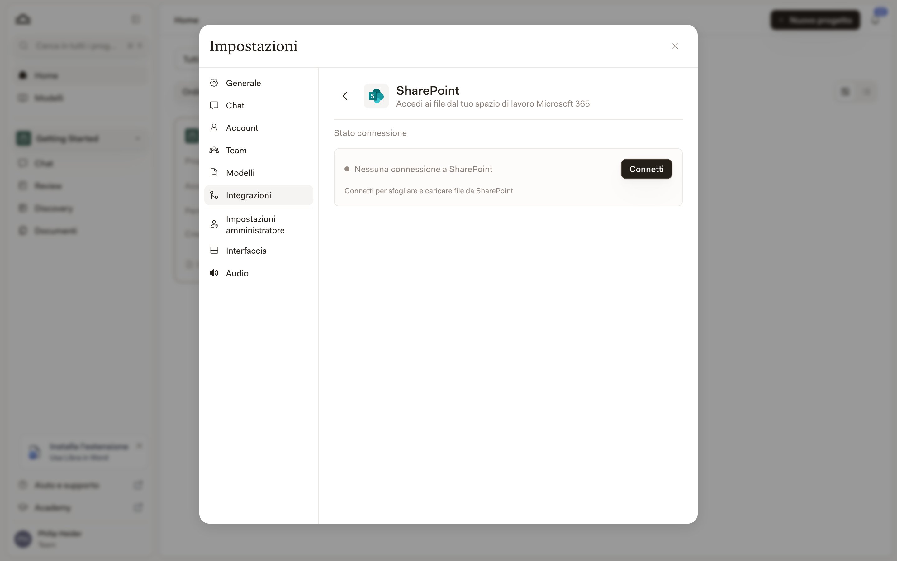 Il pannello dell'integrazione SharePoint con Stato della connessione impostato su Non connesso a SharePoint e il pulsante Connetti